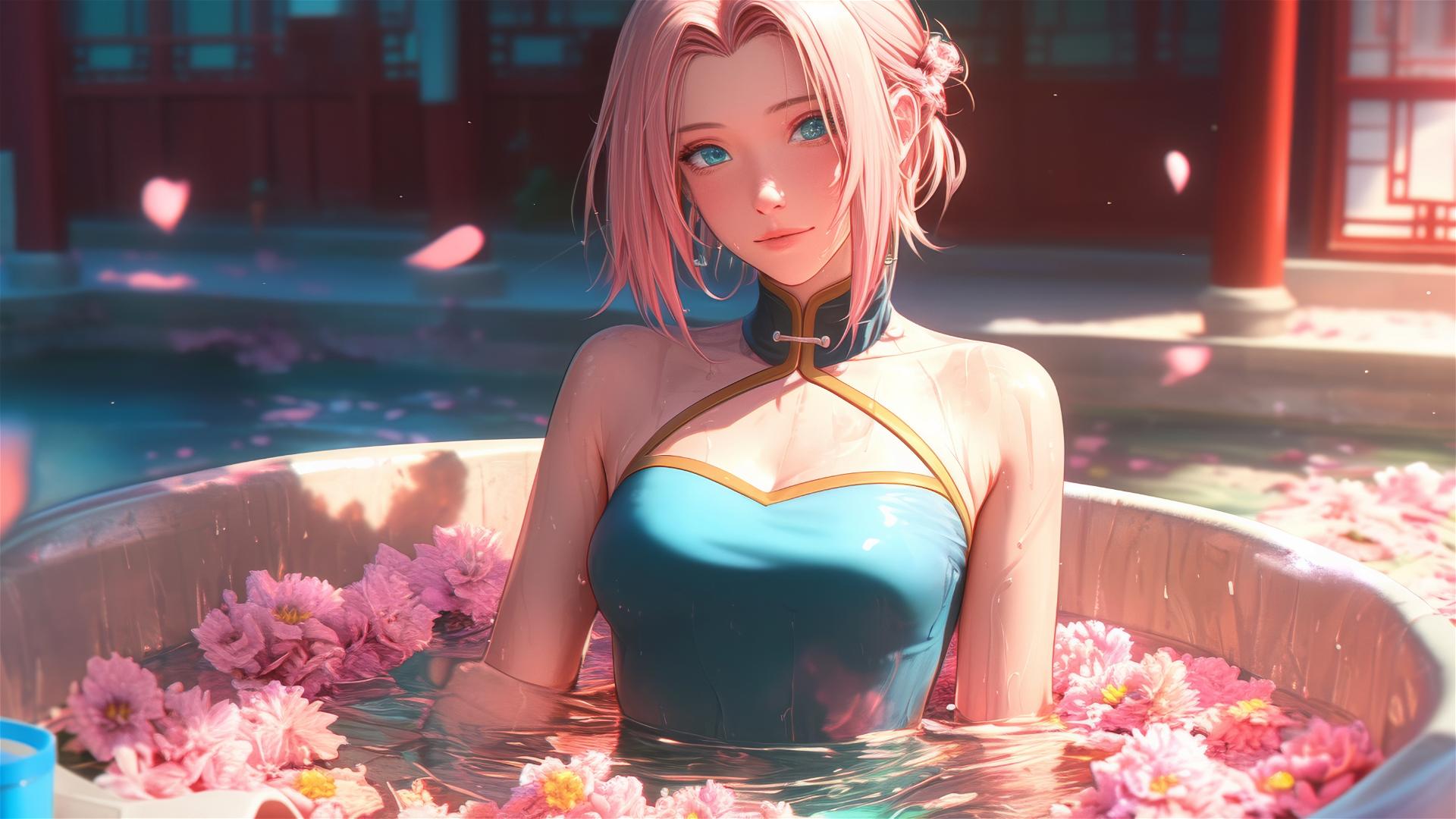Sakura Haruno in a flower-filled tub at a Chinese spa