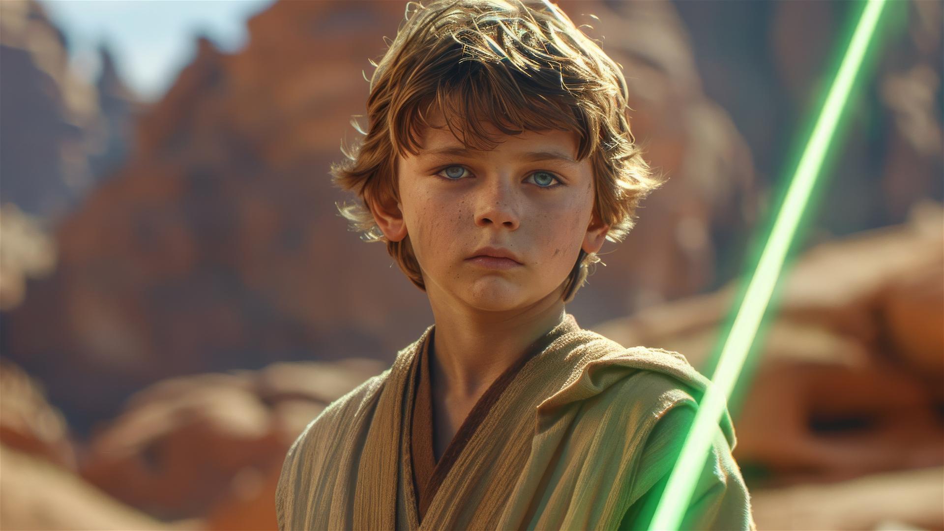 Young boy in Jedi robe holding green lightsaber on a desert sci-fi planet