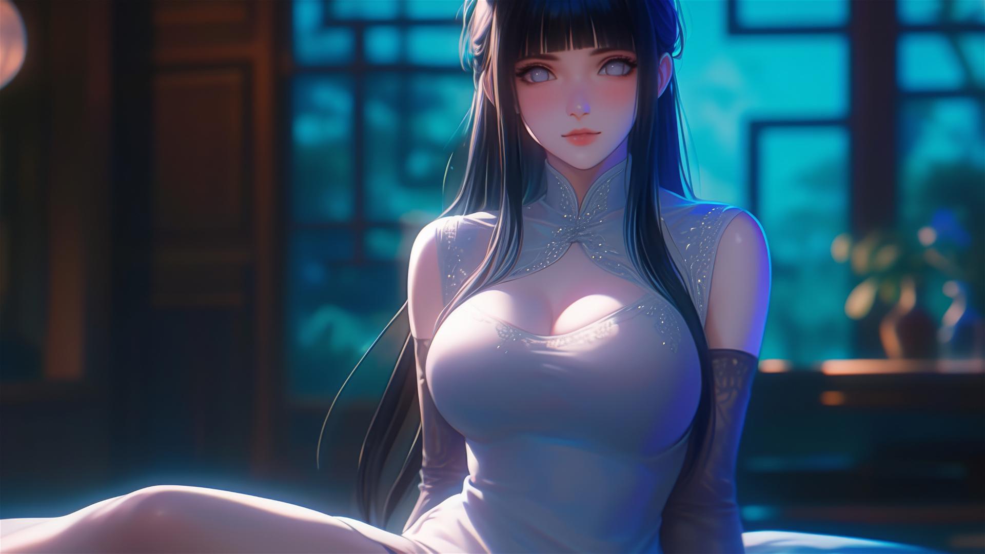 Hinata Hyuga sitting in a modern apartment with warm light, pink dress, and white eyes
