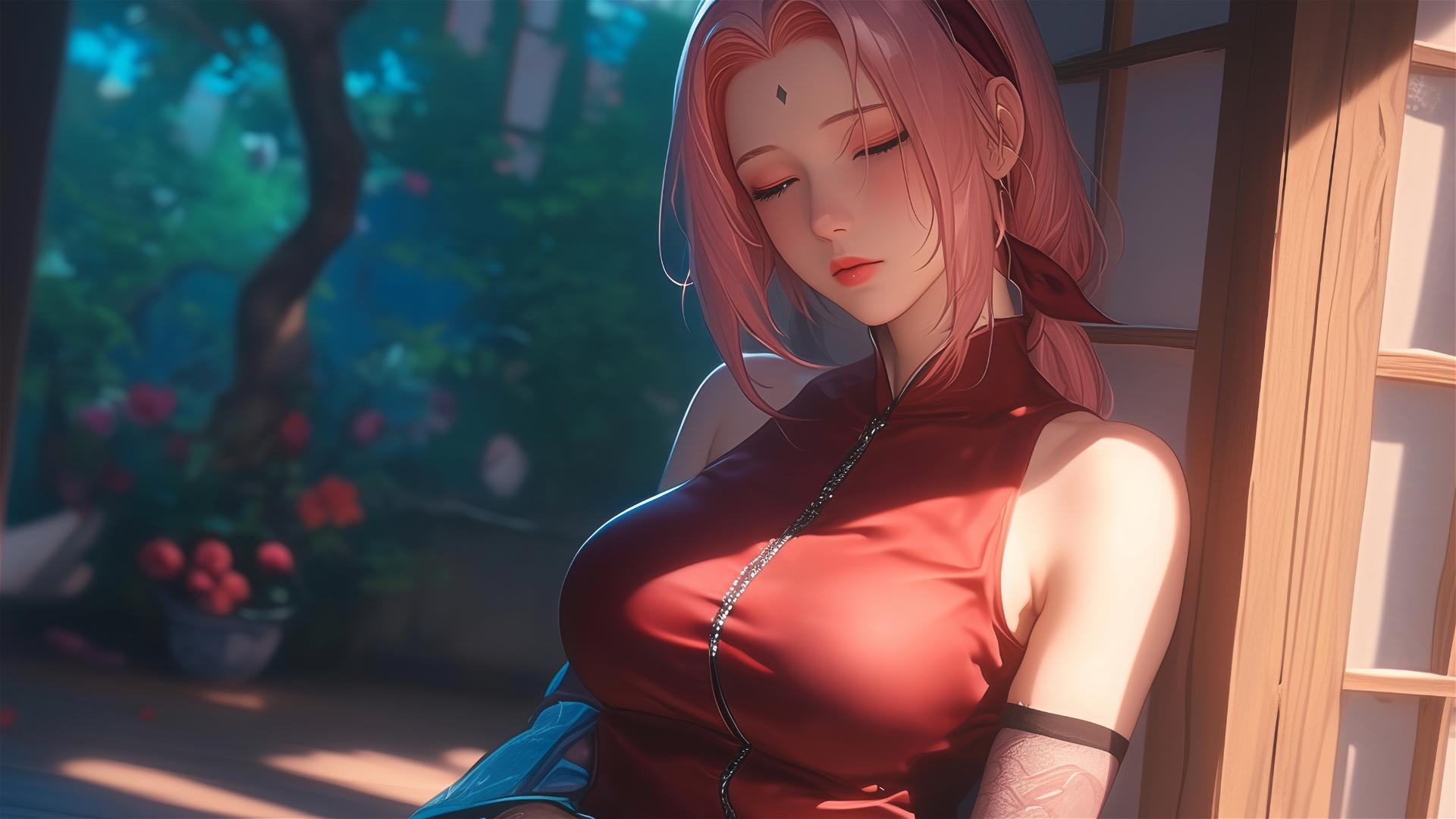 Sakura Haruno resting at home under moonlight