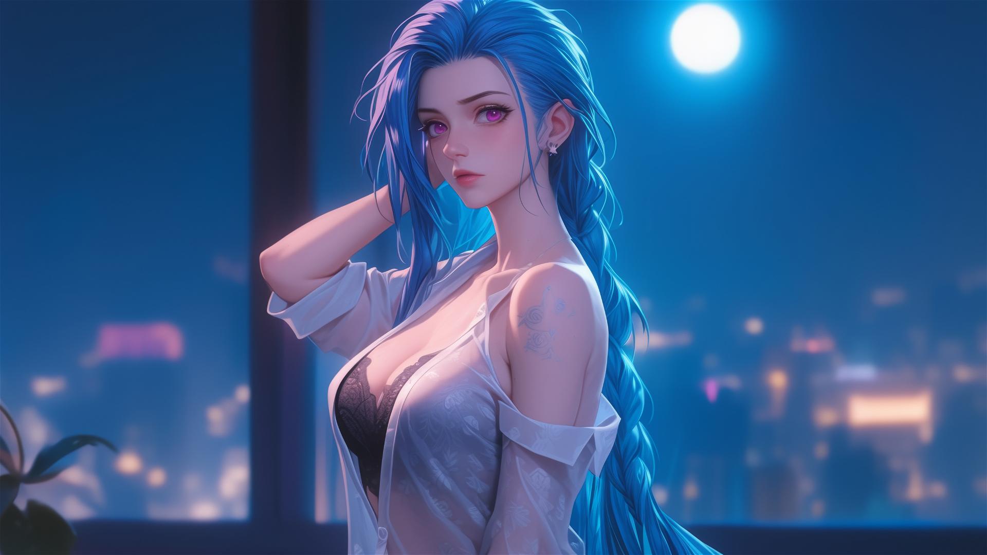 Jinx from League of Legends in silk pajamas, with blue hair and pink eyes, standing in moonlit apartment.
