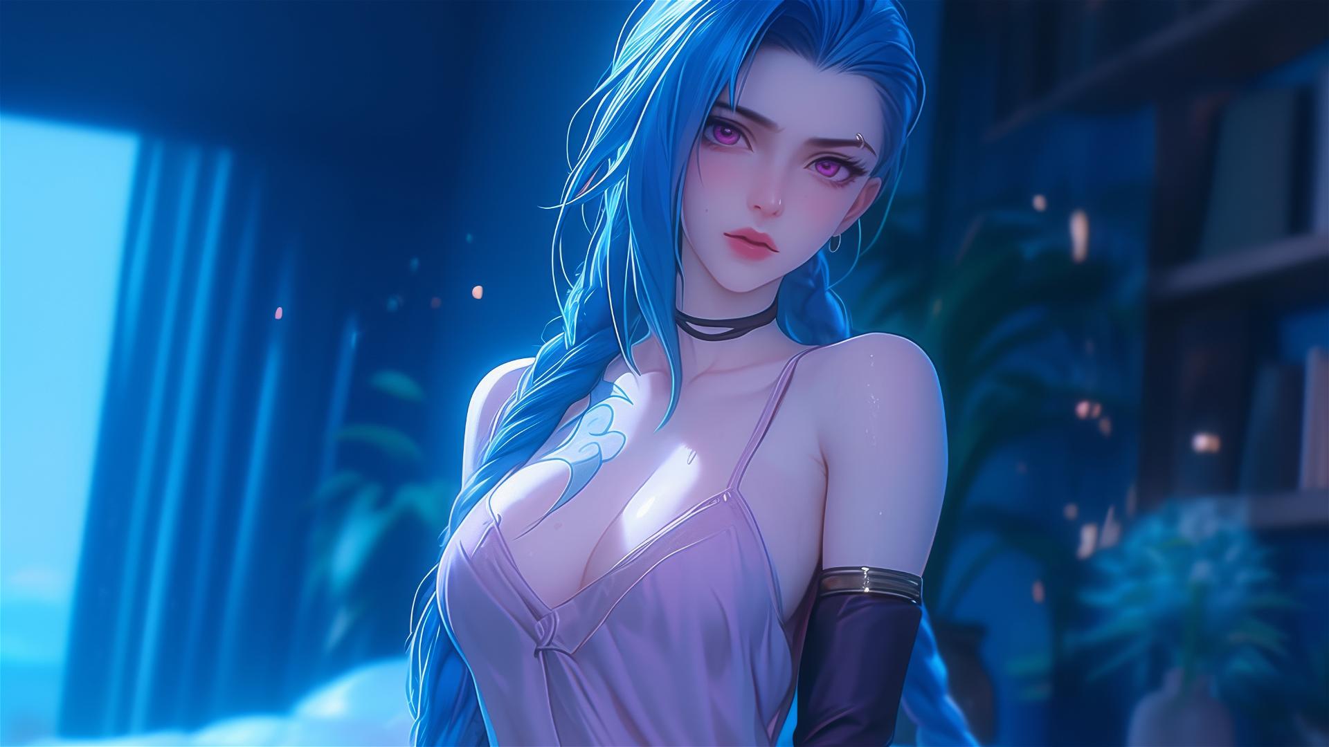 Jinx from League of Legends in silk pajamas, lit by moonlight.