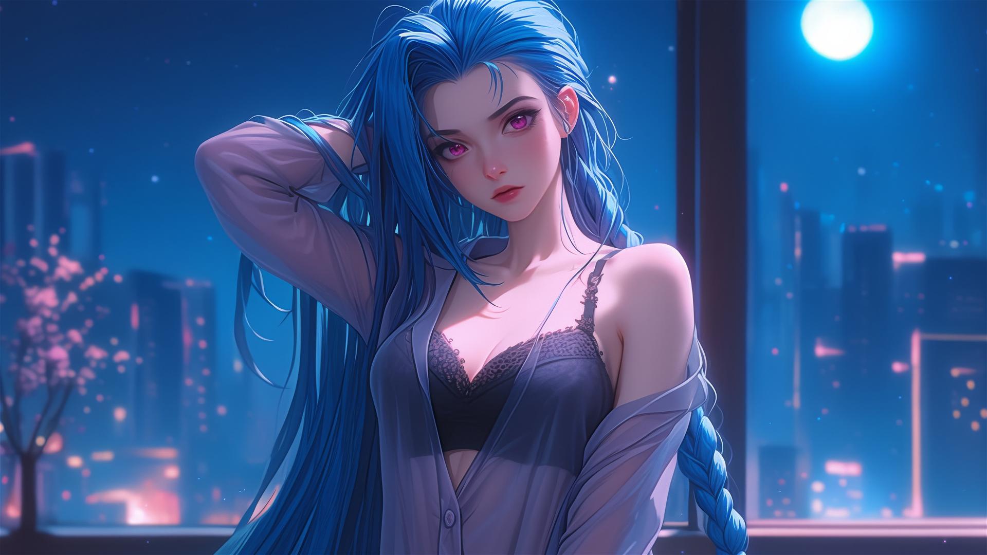 Jinx from League of Legends in silk pajamas under moonlight