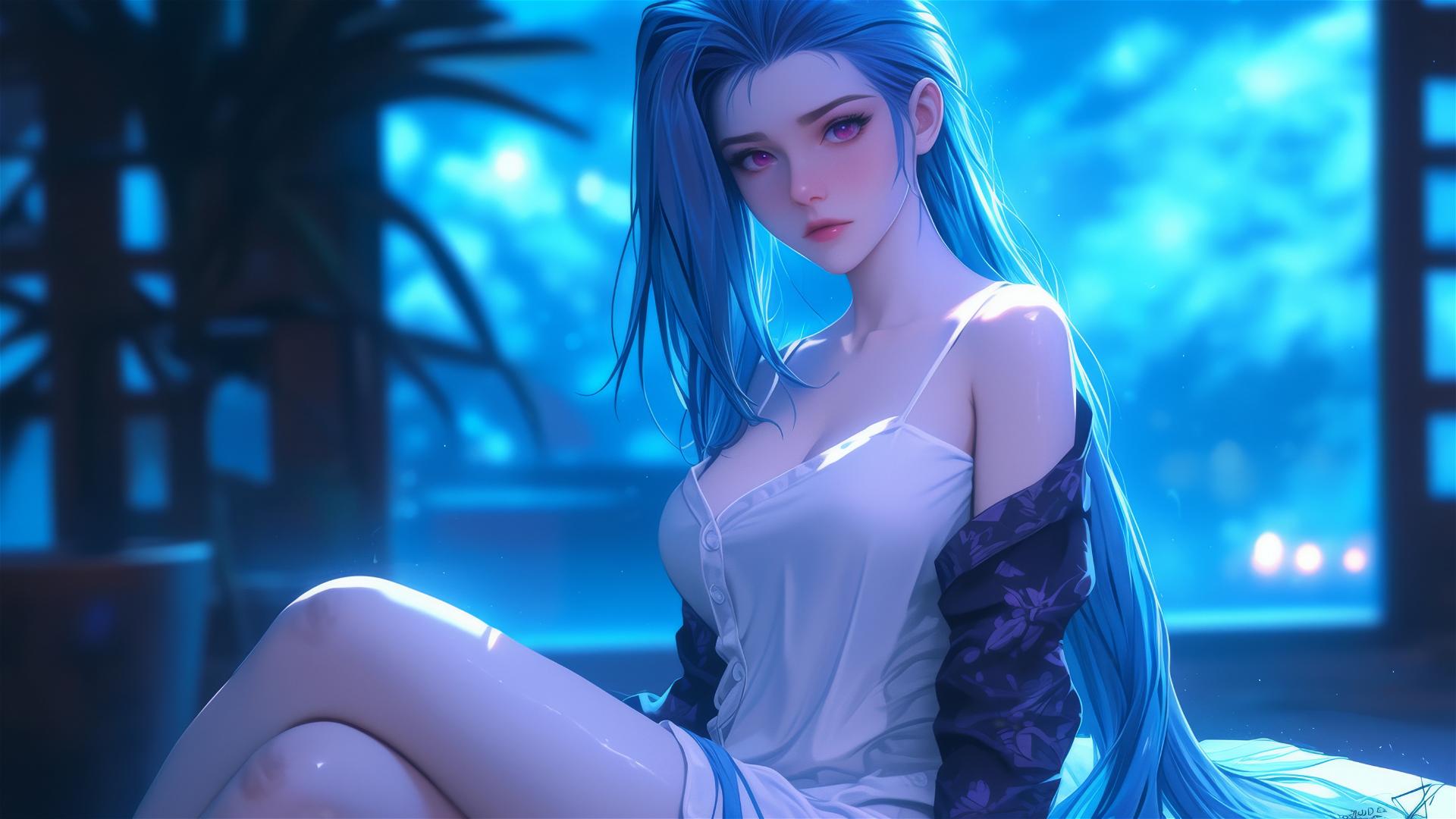 Jinx from League of Legends sitting in an apartment with moonlight, pink eyes, blue hair, and silk pajamas.
