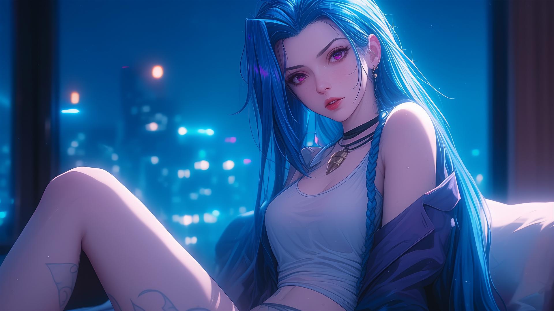 Jinx from League of Legends sitting in apartment, moonlight glowing softly.