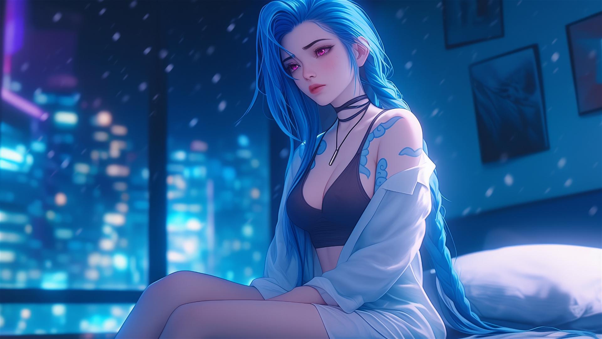 Jinx from League of Legends sitting in an apartment under moonlight with pink eyes and blue hair.