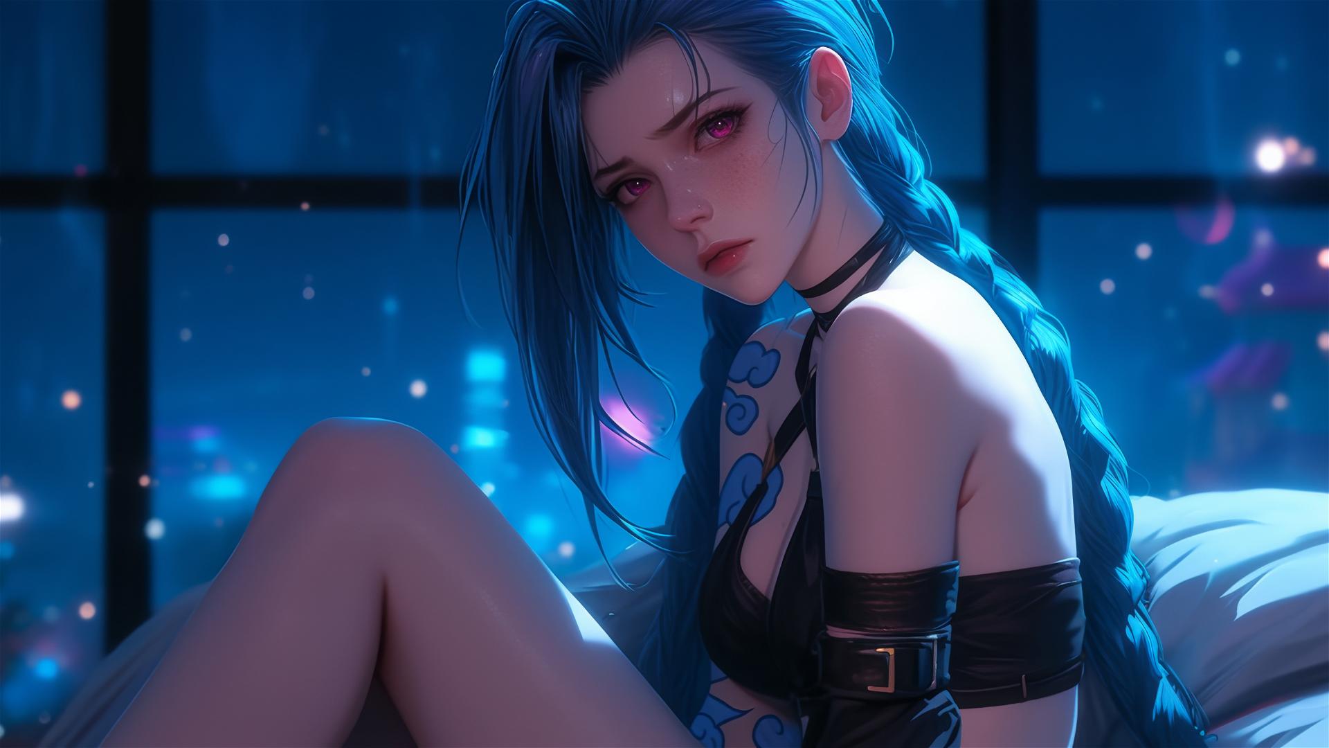 Jinx from League of Legends resting in an apartment with moonlight.