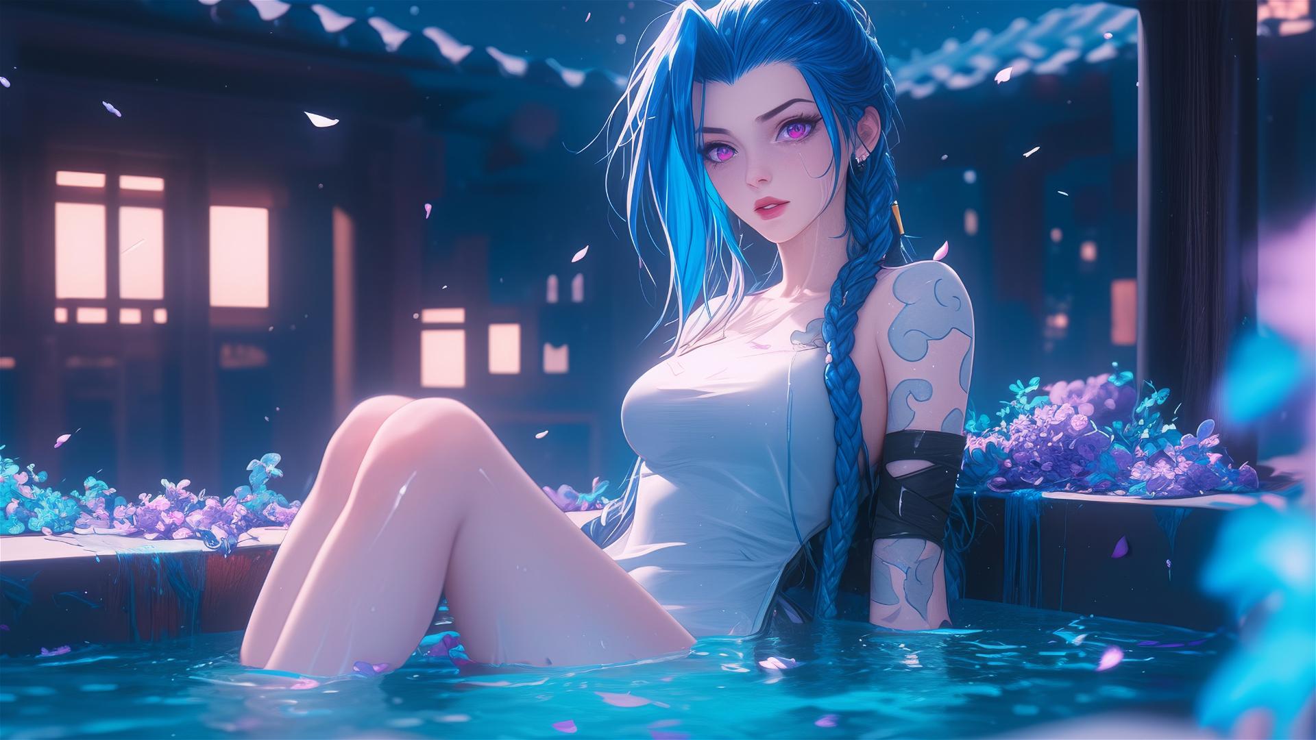 Jinx from League of Legends in flower-filled tub at Chinese spa
