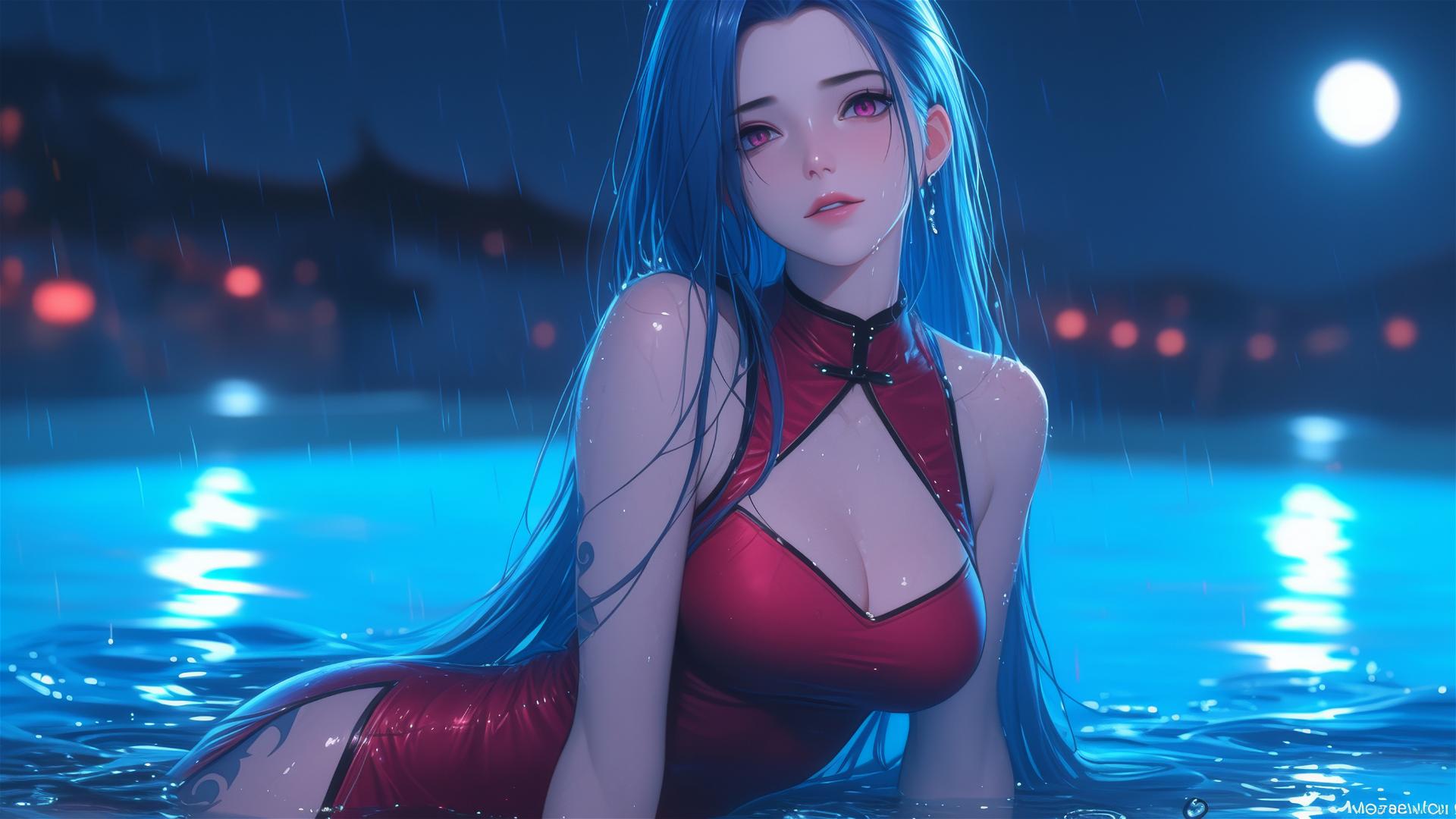 Jinx from League of Legends resting at a rainy swimming pool under moonlight
