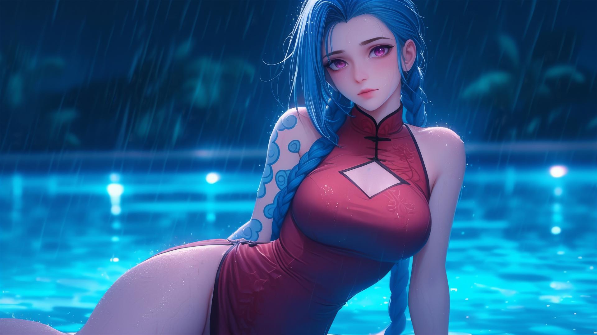 Jinx from League of Legends resting by a rainy swimming pool under moonlight.