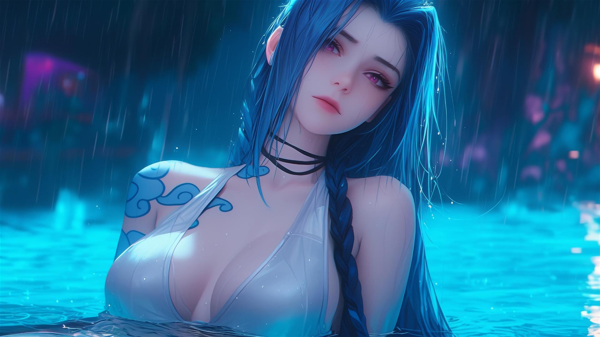 Jinx from League of Legends resting by a rainy swimming pool, moonlight glow