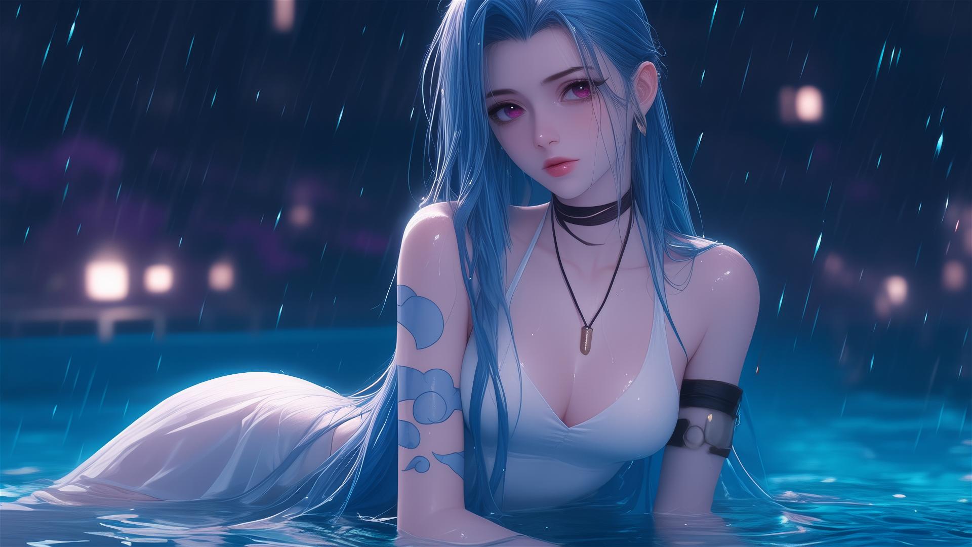 Jinx from League of Legends resting at a rainy swimming pool under moonlight