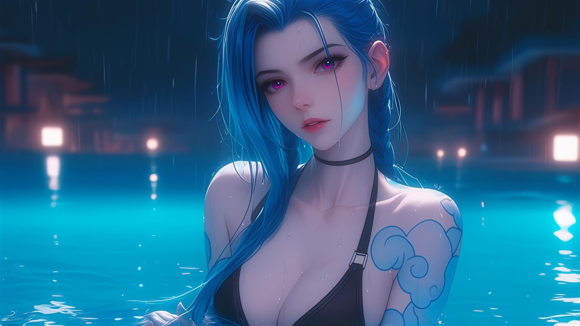 Jinx from League of Legends at a rainy swimming pool under moonlight