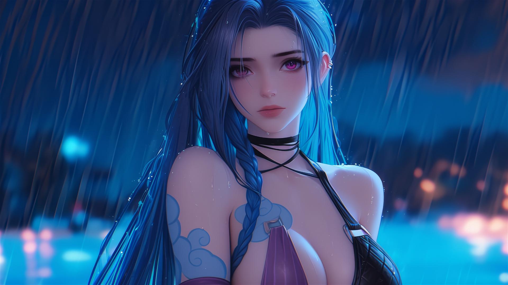 Jinx from League of Legends resting by a rainy swimming pool under moonlight.
