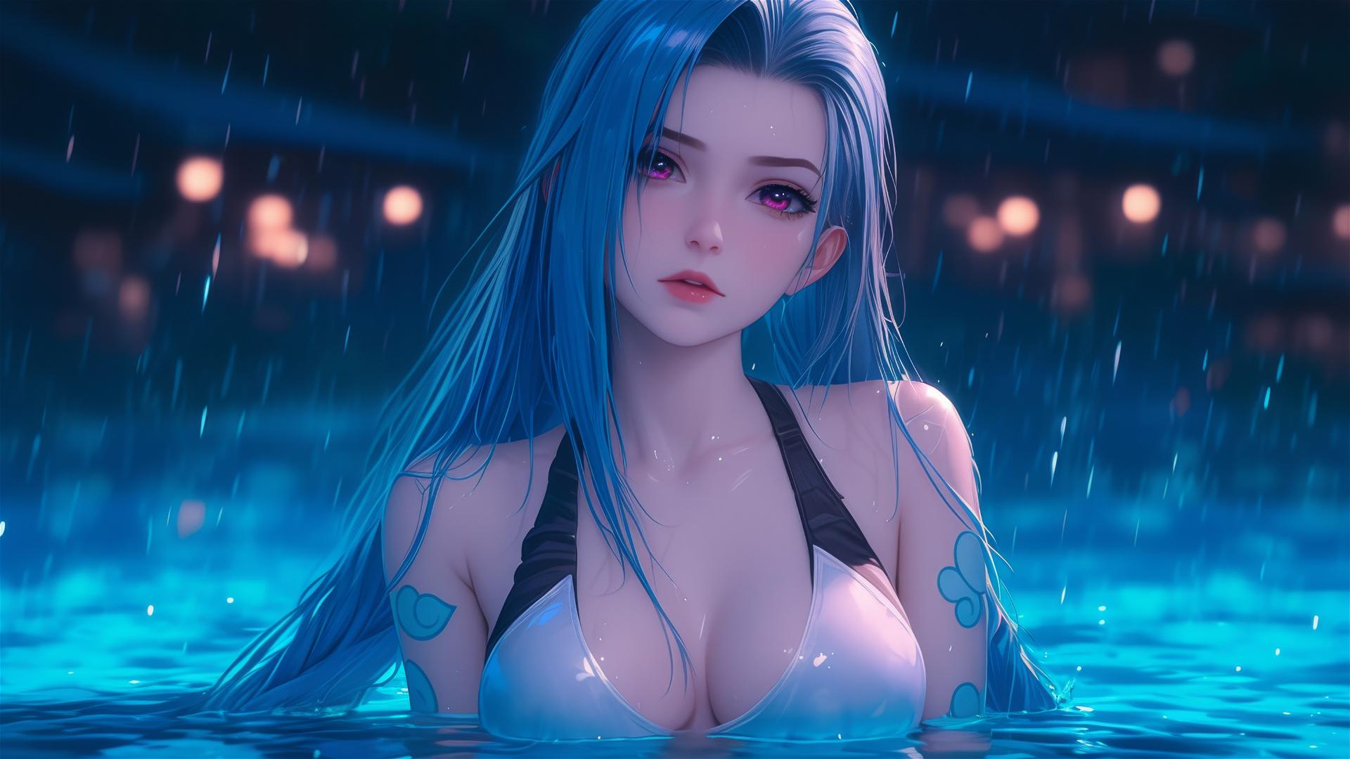 Jinx from League of Legends rests at a moonlit rainy swimming pool