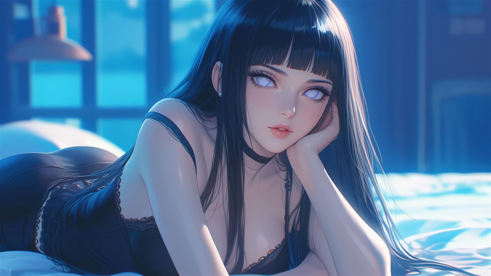 Hinata Hyuga from Naruto resting at a modern hotel with moonlight glow