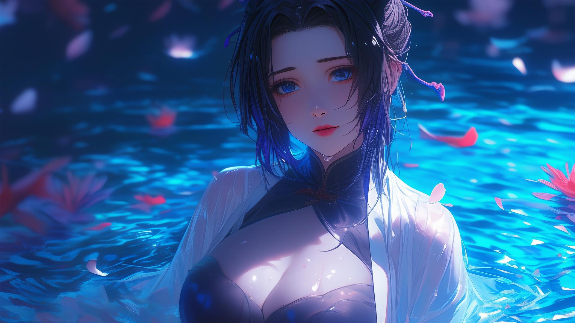 Shinobu Kocho in a cheongsam inside a tub full of flowers at a Chinese spa.