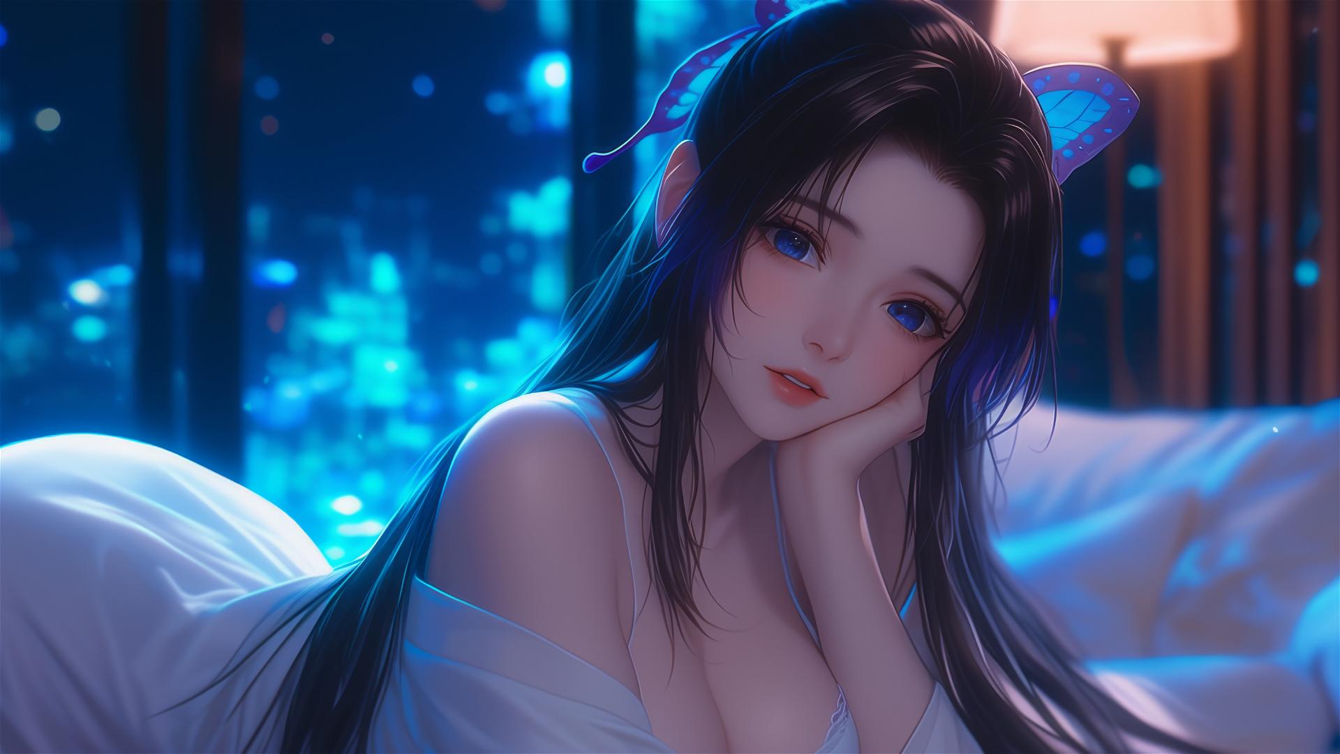 Shinobu Kocho resting in a modern hotel room with neon and moonlight glow