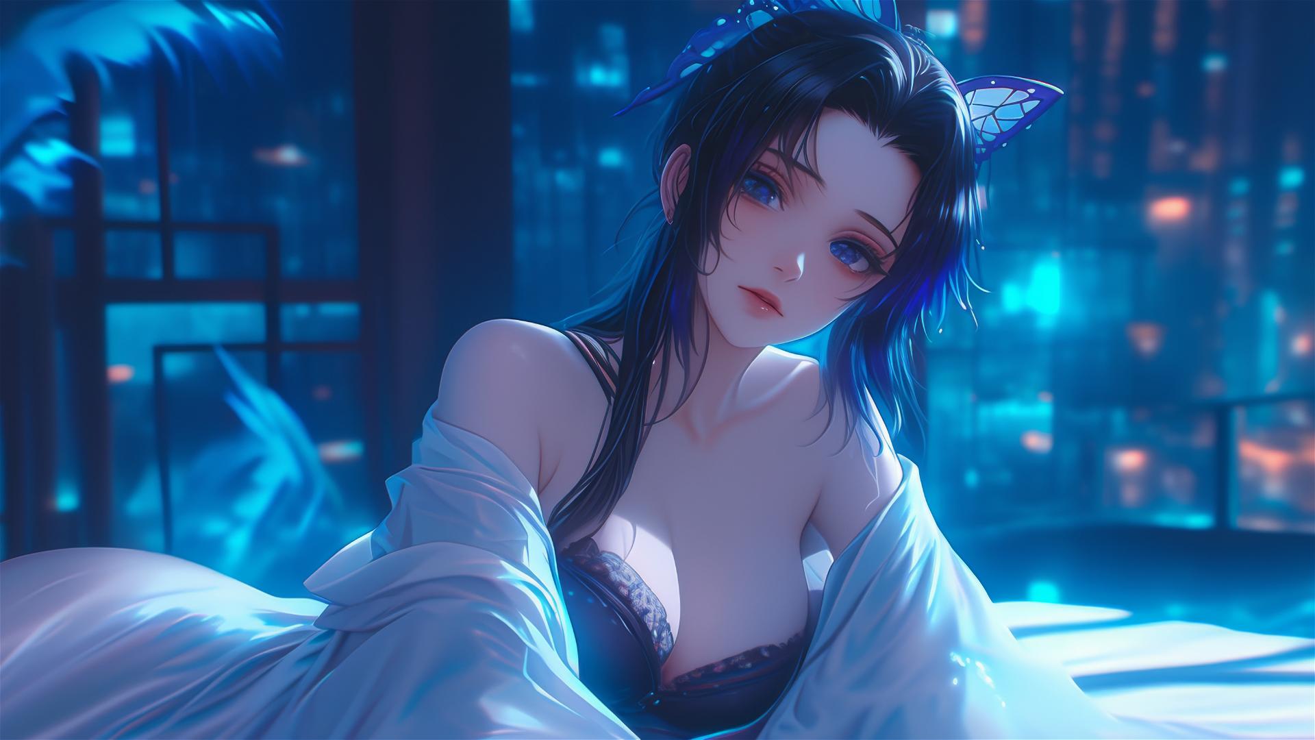 Shinobu Kocho relaxing in a neon-themed hotel room with moonlight glow