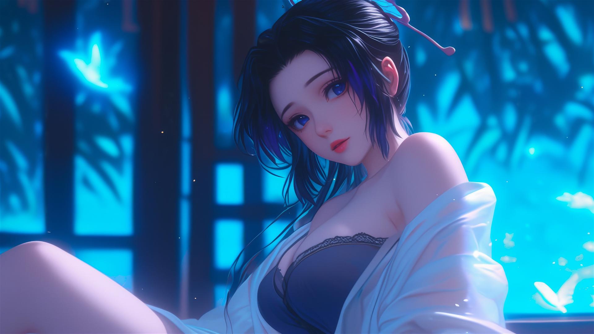 Shinobu Kocho from Demon Slayer resting in modern hotel room with moonlight