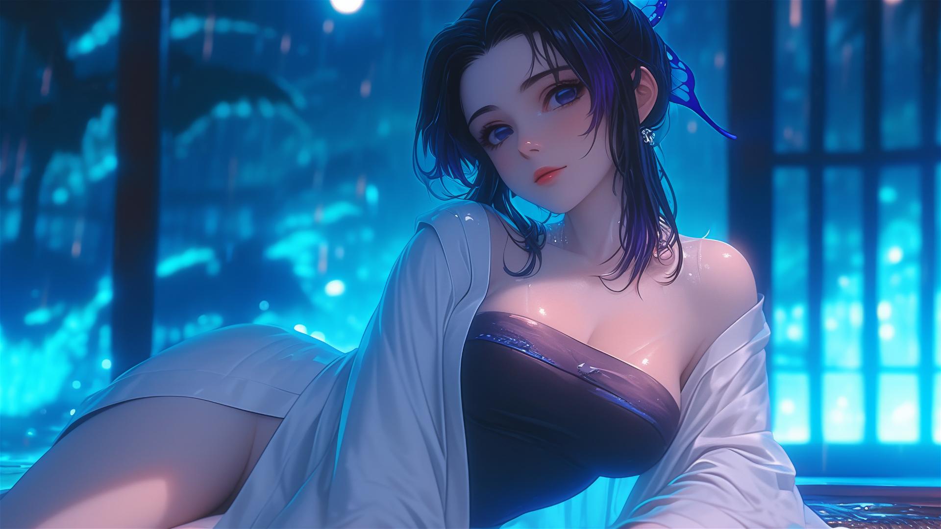 Shinobu Kocho resting in modern hotel room under moonlight