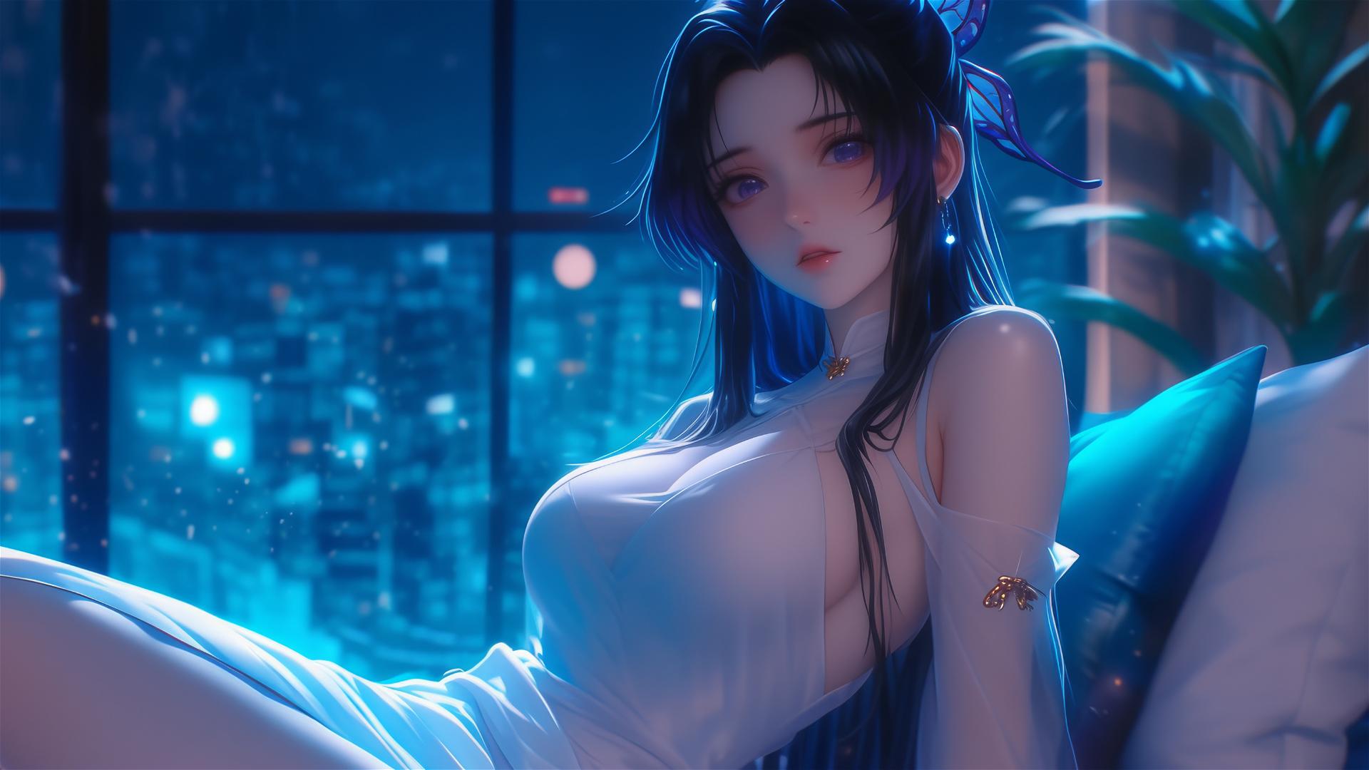 Shinobu Kocho resting in a neon-lit hotel room
