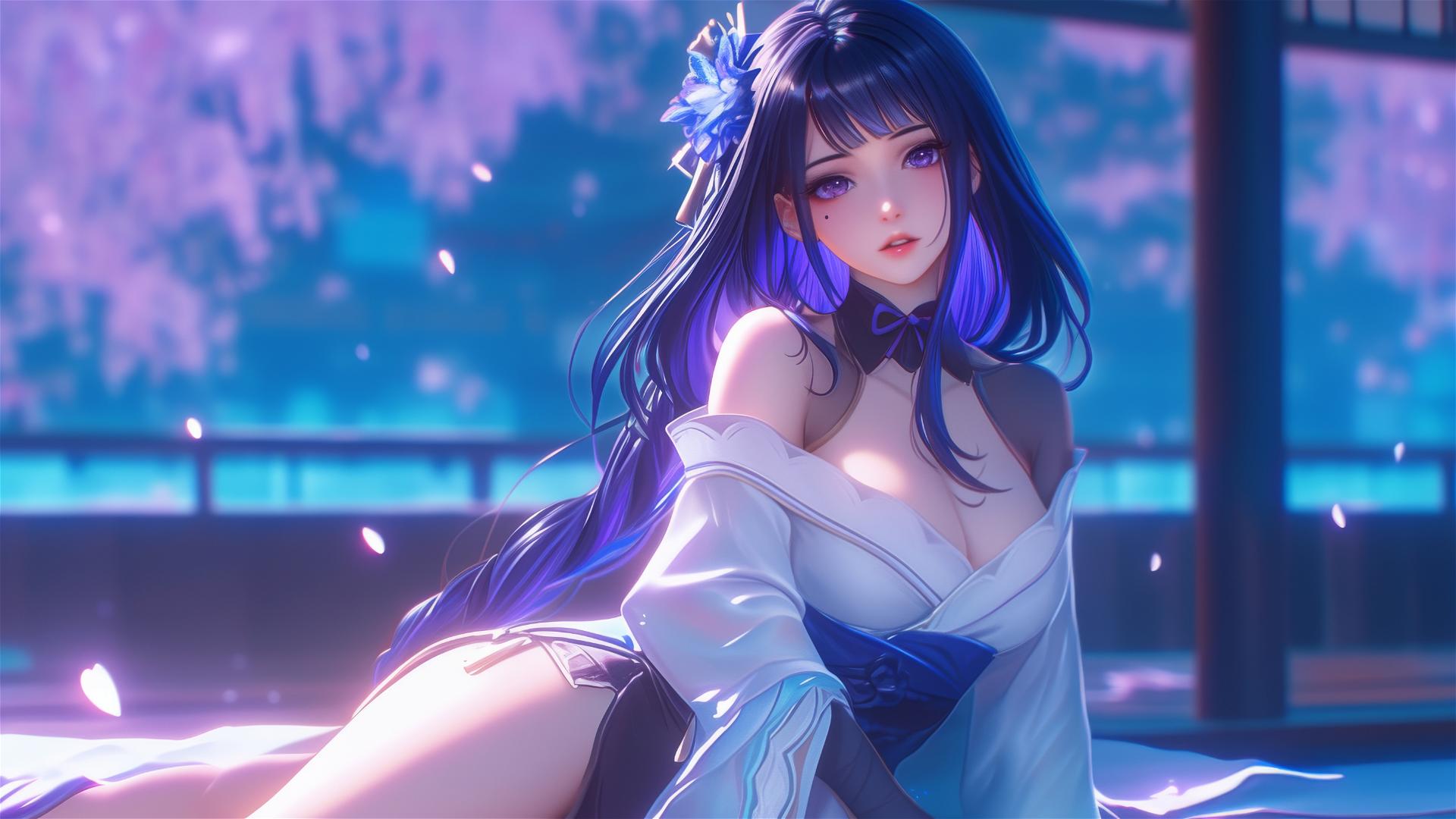 Raiden Shogun from Genshin Impact resting in a modern hotel under moonlight with flower in hair.