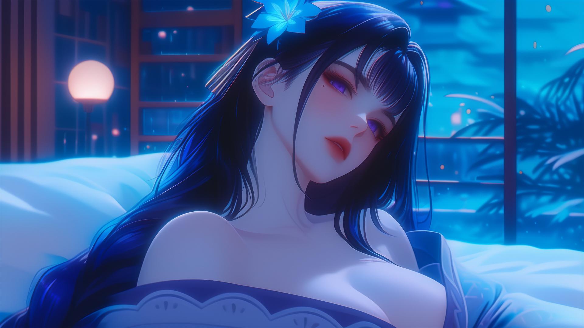Raiden Shogun from Genshin Impact resting at a modern hotel under moonlight.