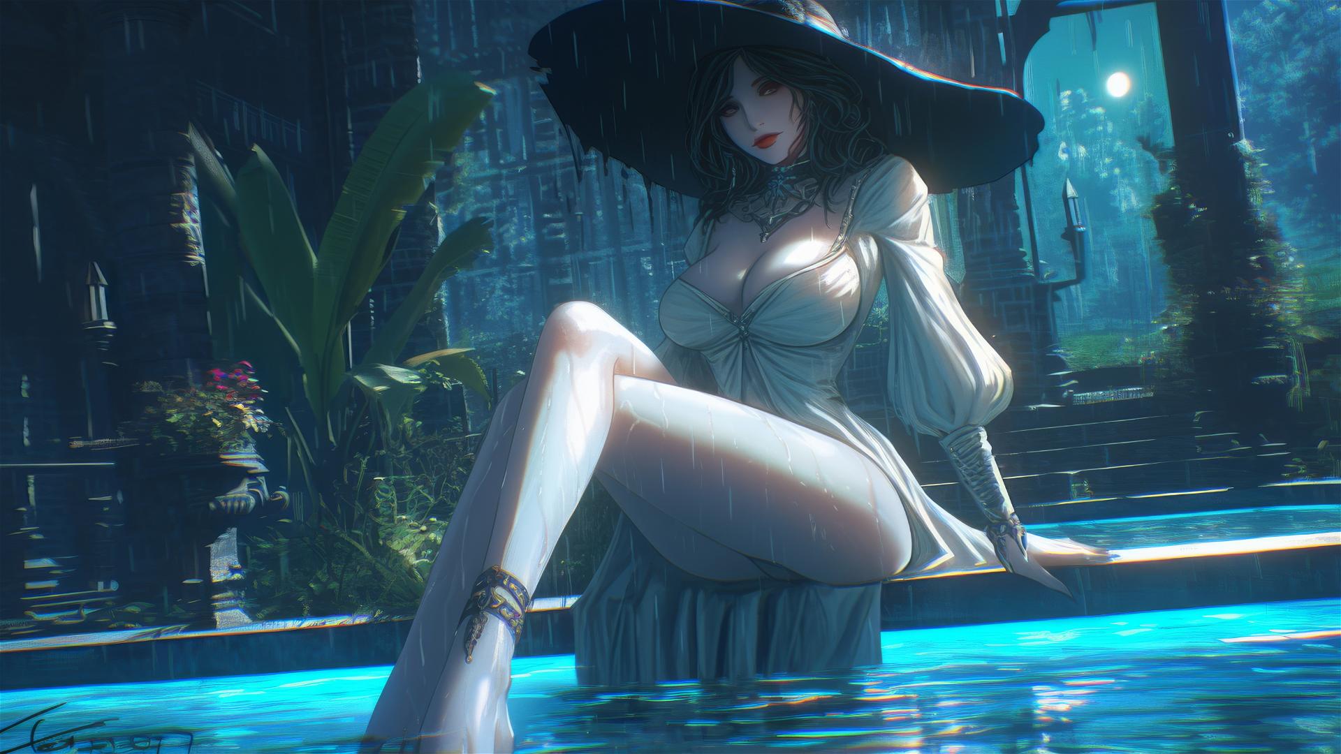 Lady Dimitrescu resting at a rainy swimming pool under moonlight
