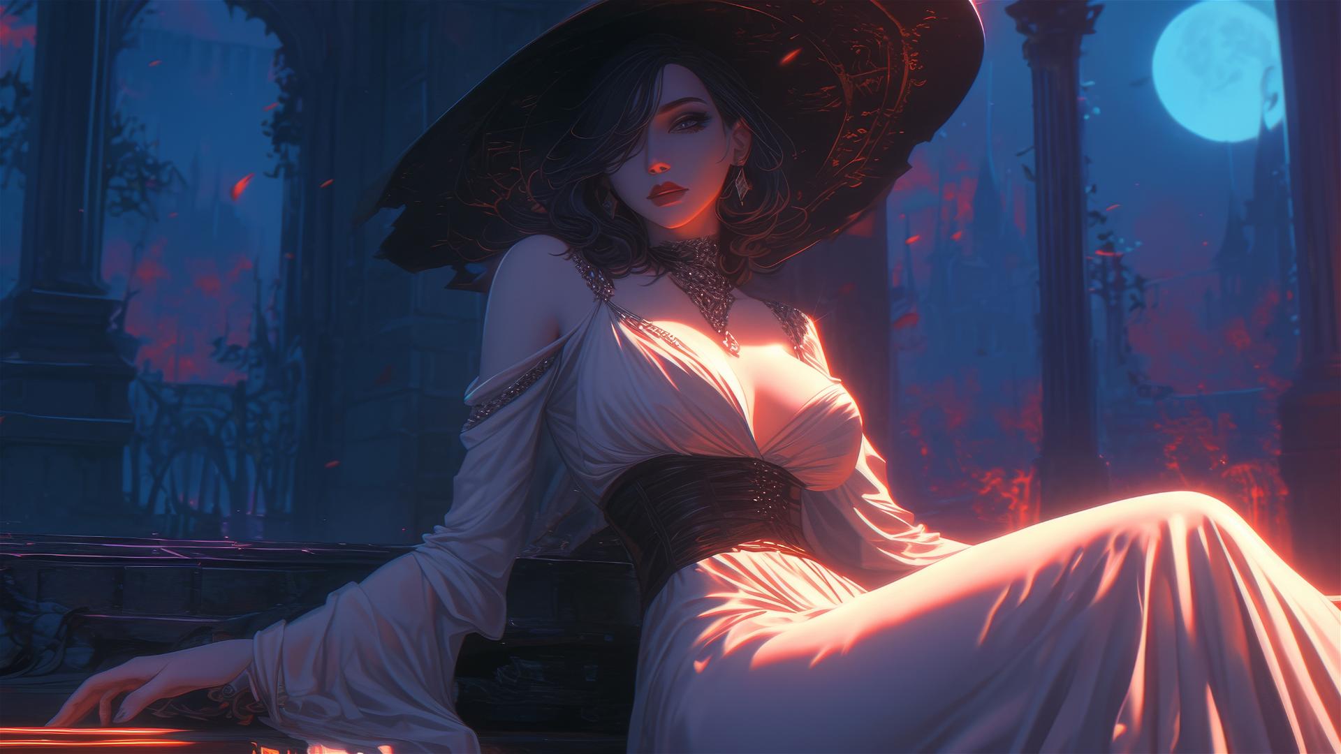 Lady Dimitrescu resting under red moonlight, gothic and elegant.