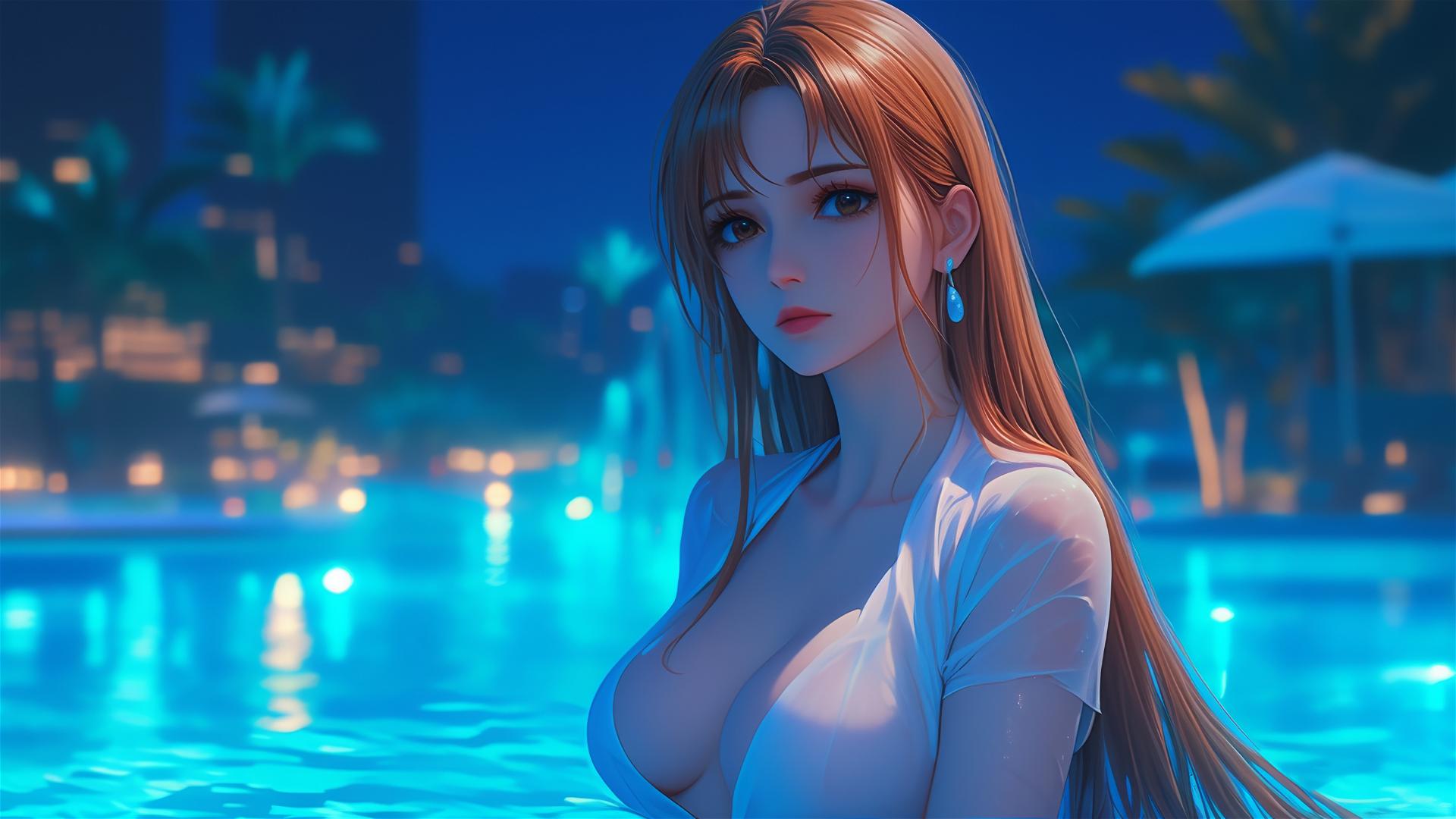 Nami from One Piece resting by the pool under moonlight, in the rain.