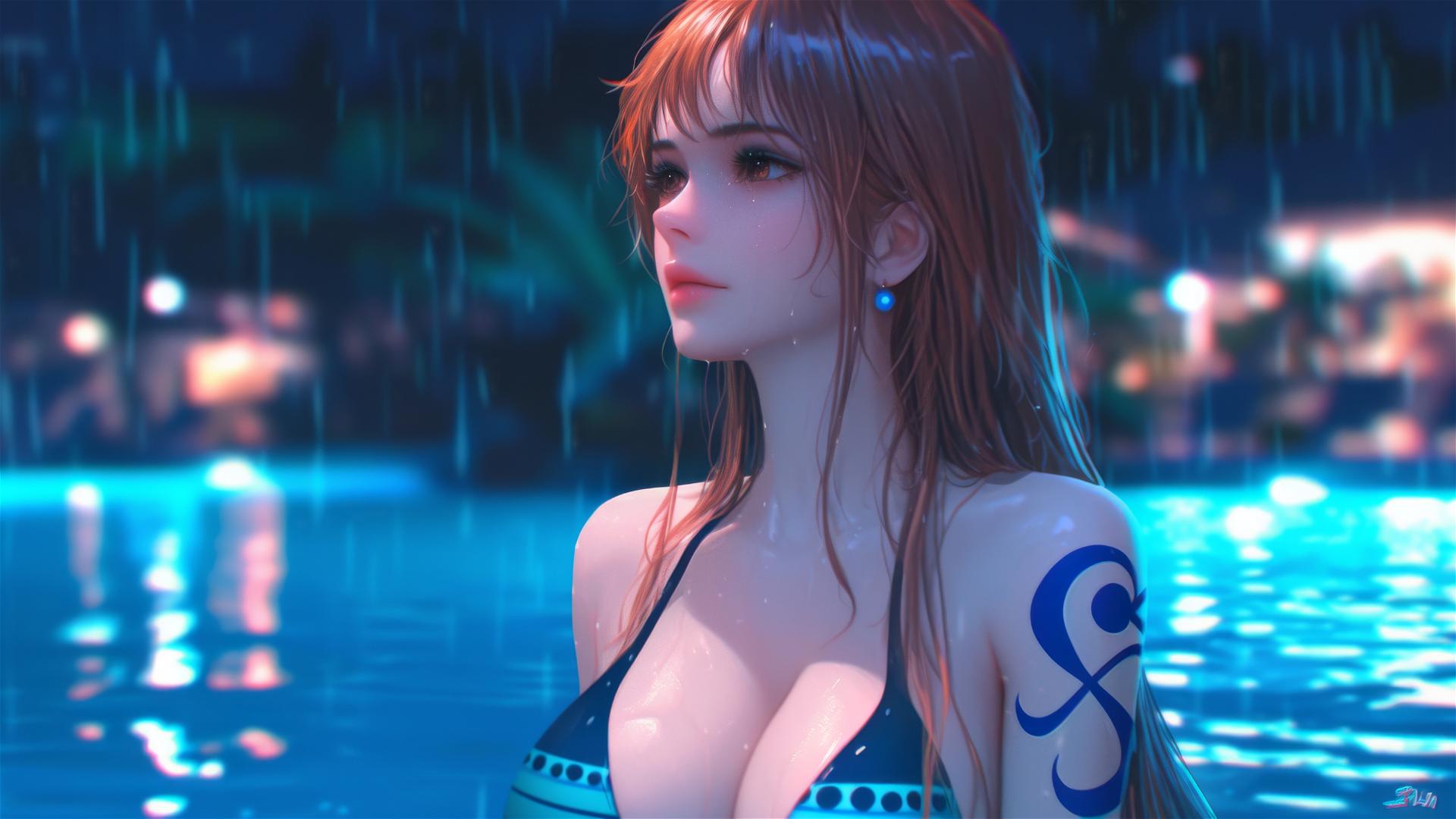 Nami from One Piece relaxing by a swimming pool under moonlight and rain