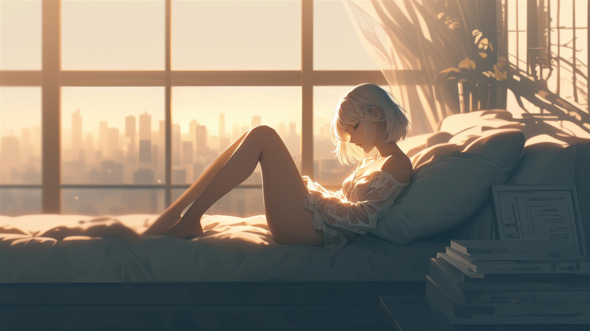 2B from Nier in white modern silk pajamas resting in apartment at sunrise