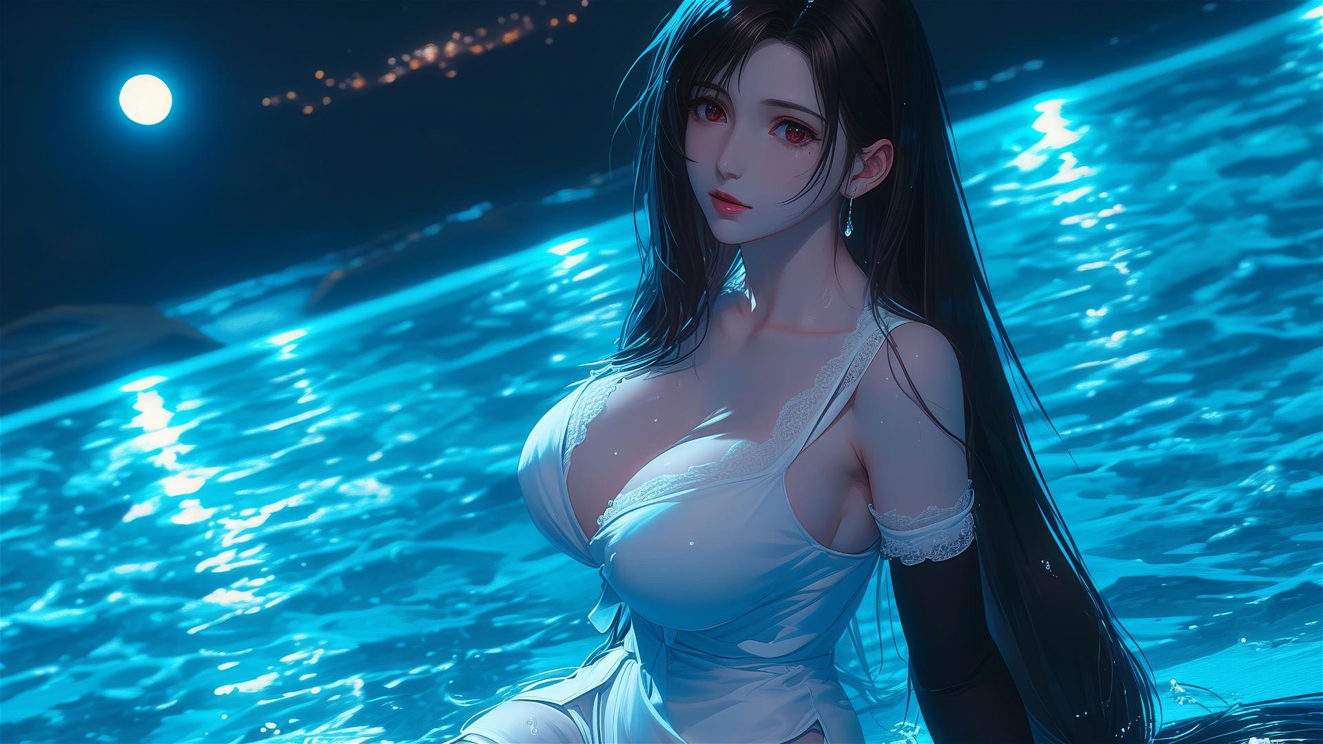 Tifa Lockhart in white silk pajamas resting by a moonlit swimming pool