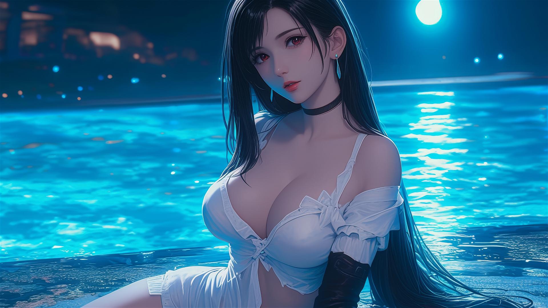 Tifa Lockhart from Final Fantasy in white silk pajamas resting at a swimming pool in moonlight