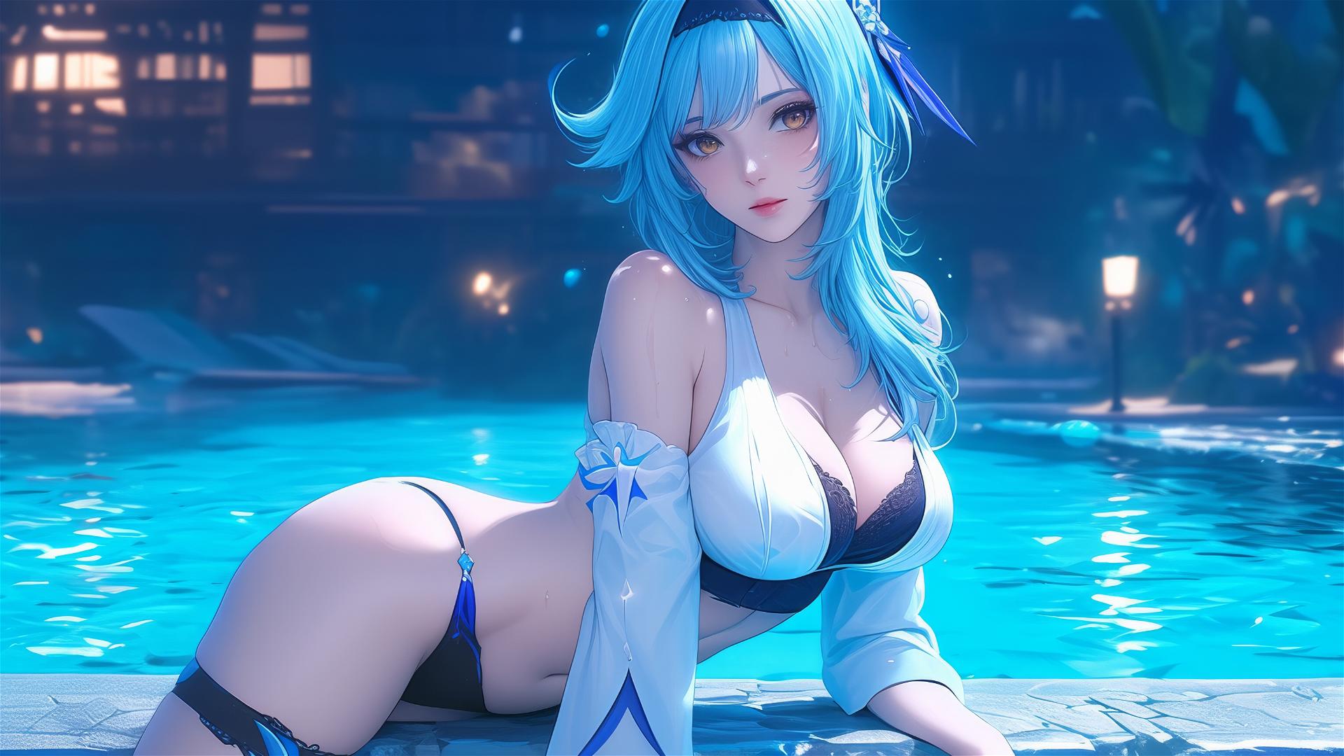 Eula Lawrence from Genshin Impact resting by swimming pool under moonlight