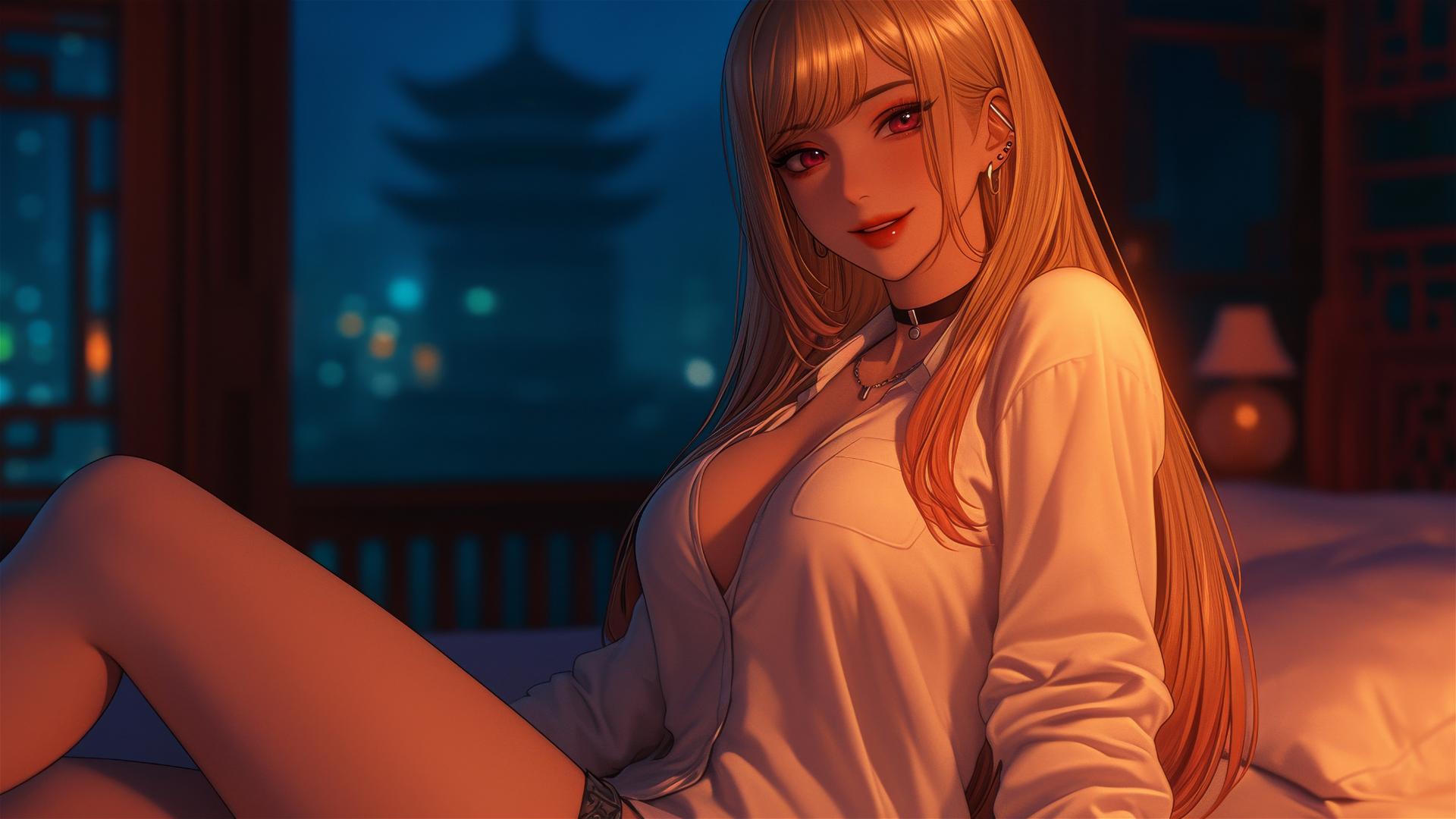 Marin Kitagawa from Kurikami City sitting on a hotel bed under moonlight.