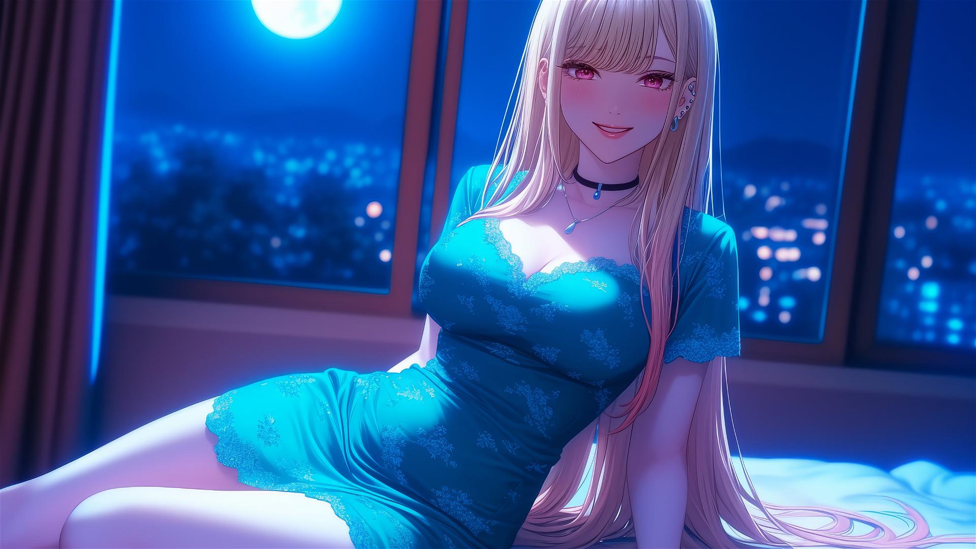 Marin Kitagawa sitting on a hotel bed under moonlight