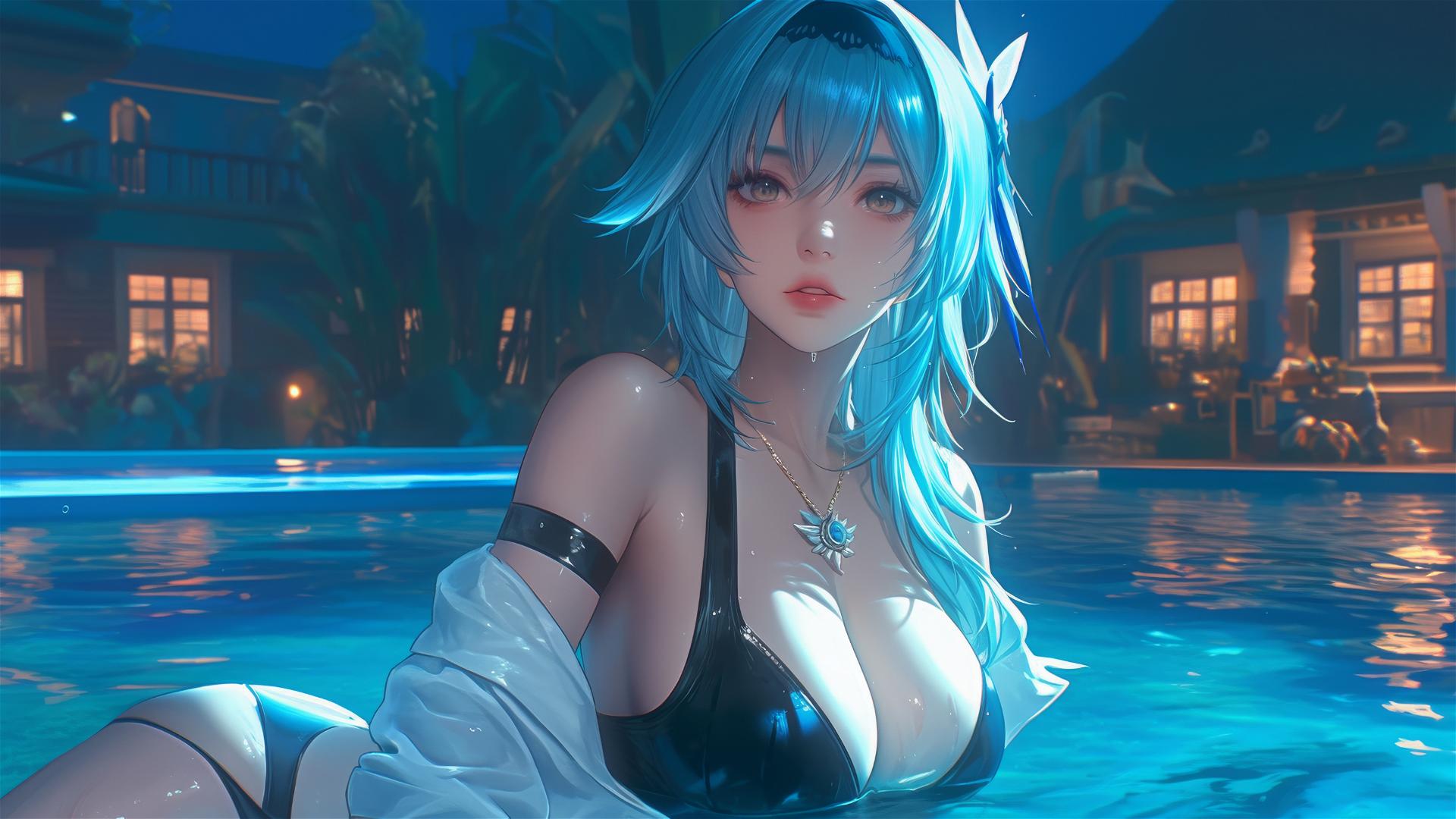 Eula Lawrence from Genshin Impact resting by the swimming pool under moonlight