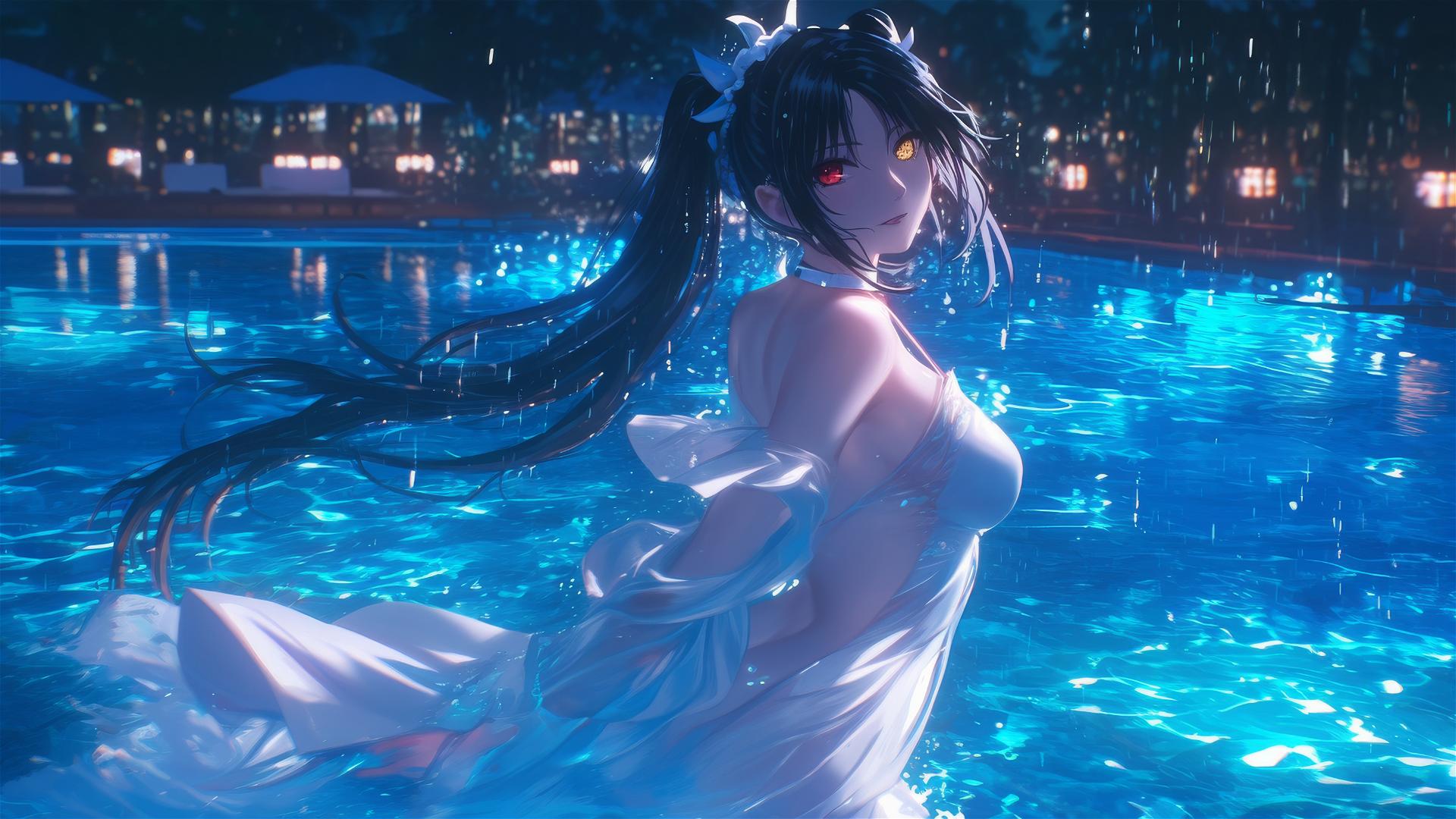 Kurumi Tokisaki in white dress by rainy, moonlit pool, with heterochromia