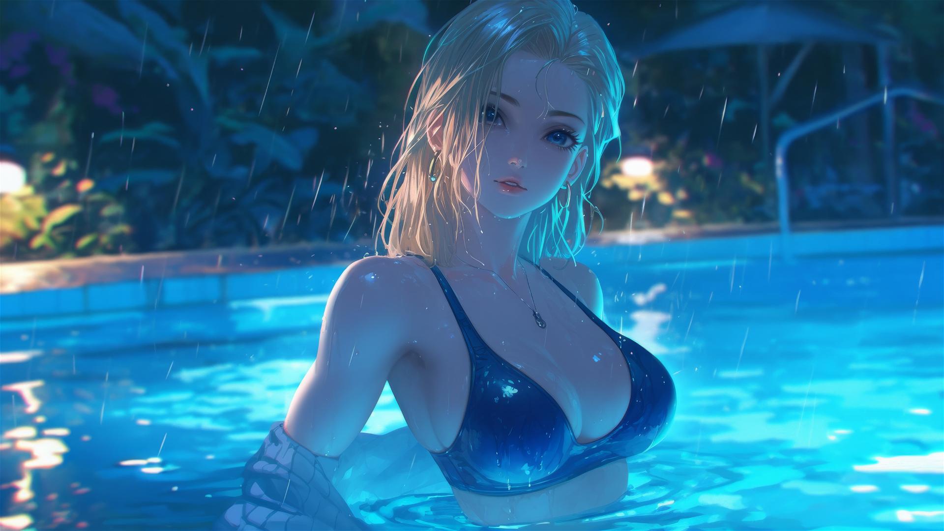 Android 18 resting by a rainy pool