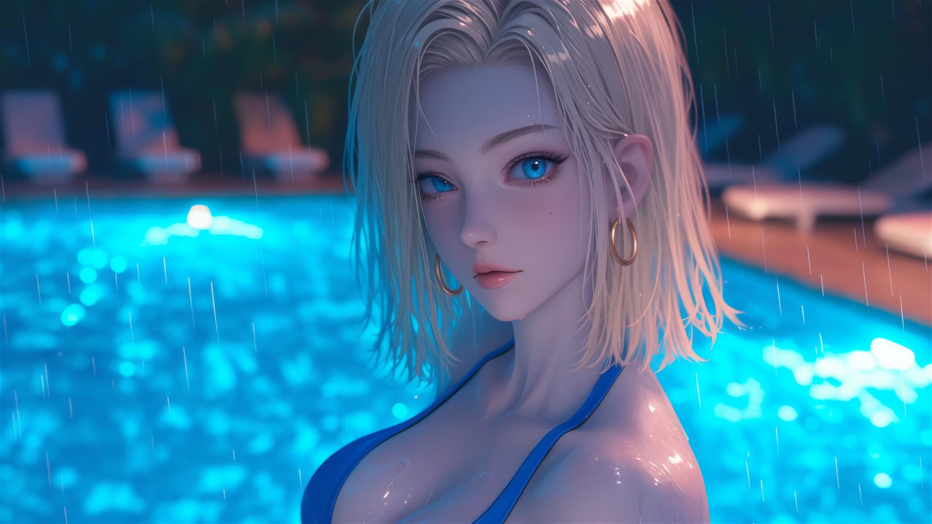 Android 18 resting by a rainy swimming pool