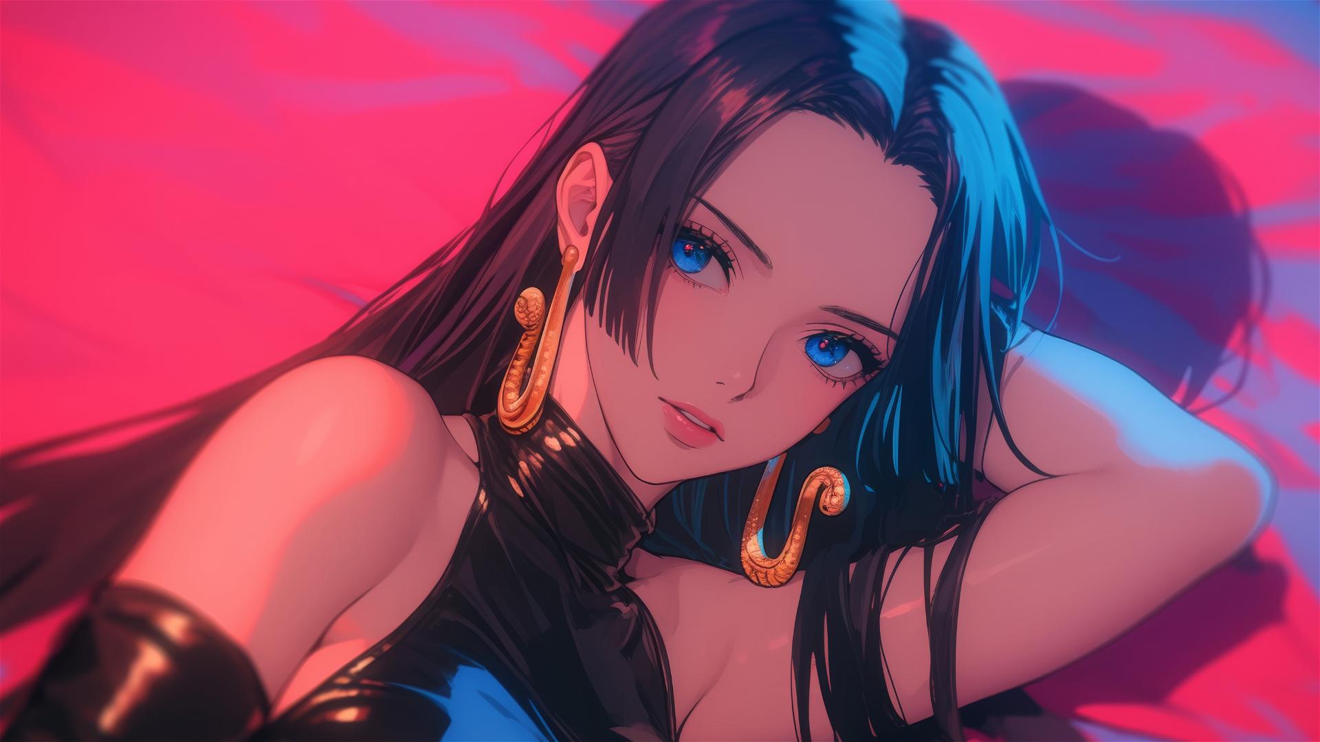 Boa Hancock in bed, pink and black leather, neon, high contrast