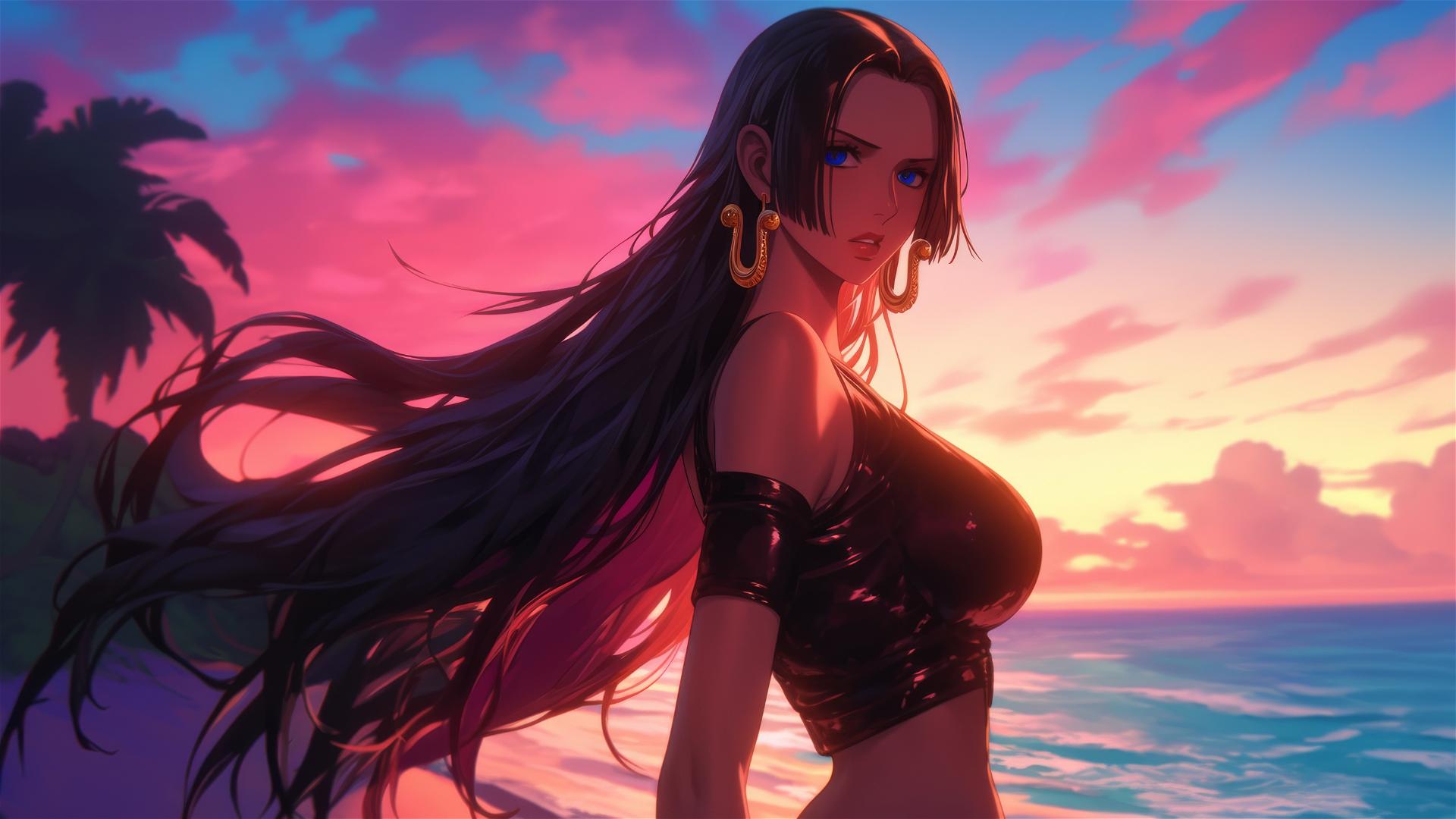 Boa Hancock strolls beach at sunset in elegant black and pink outfit.