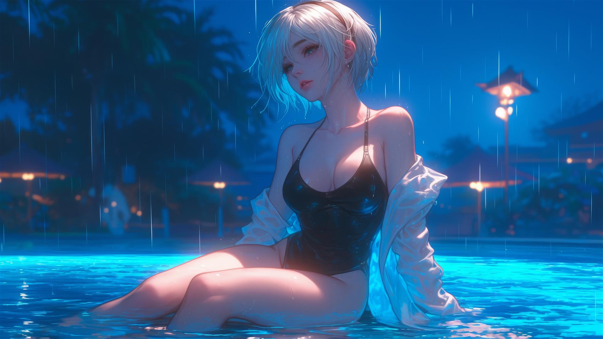 2B from Nier in pink, sitting by a rainy swimming pool under moonlight
