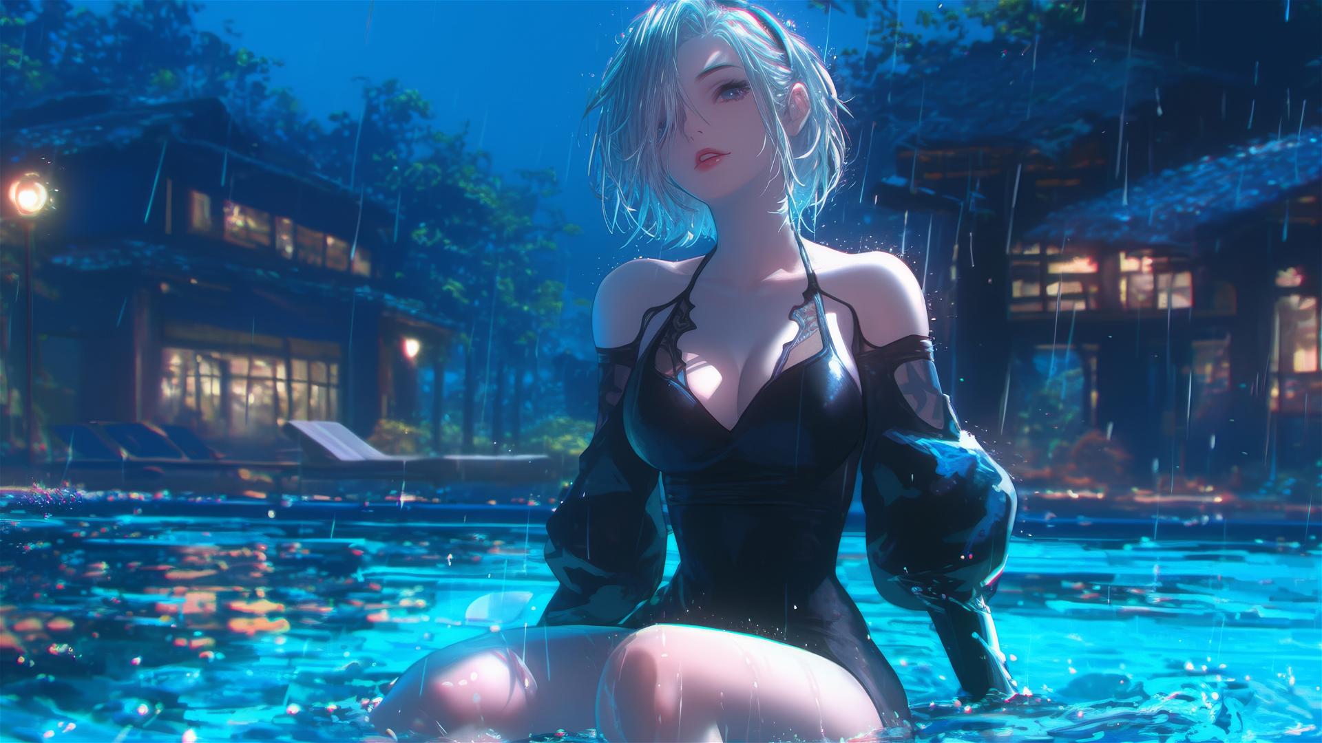 2B from Nier in pink attire, lounging by a rainy pool under moonlight