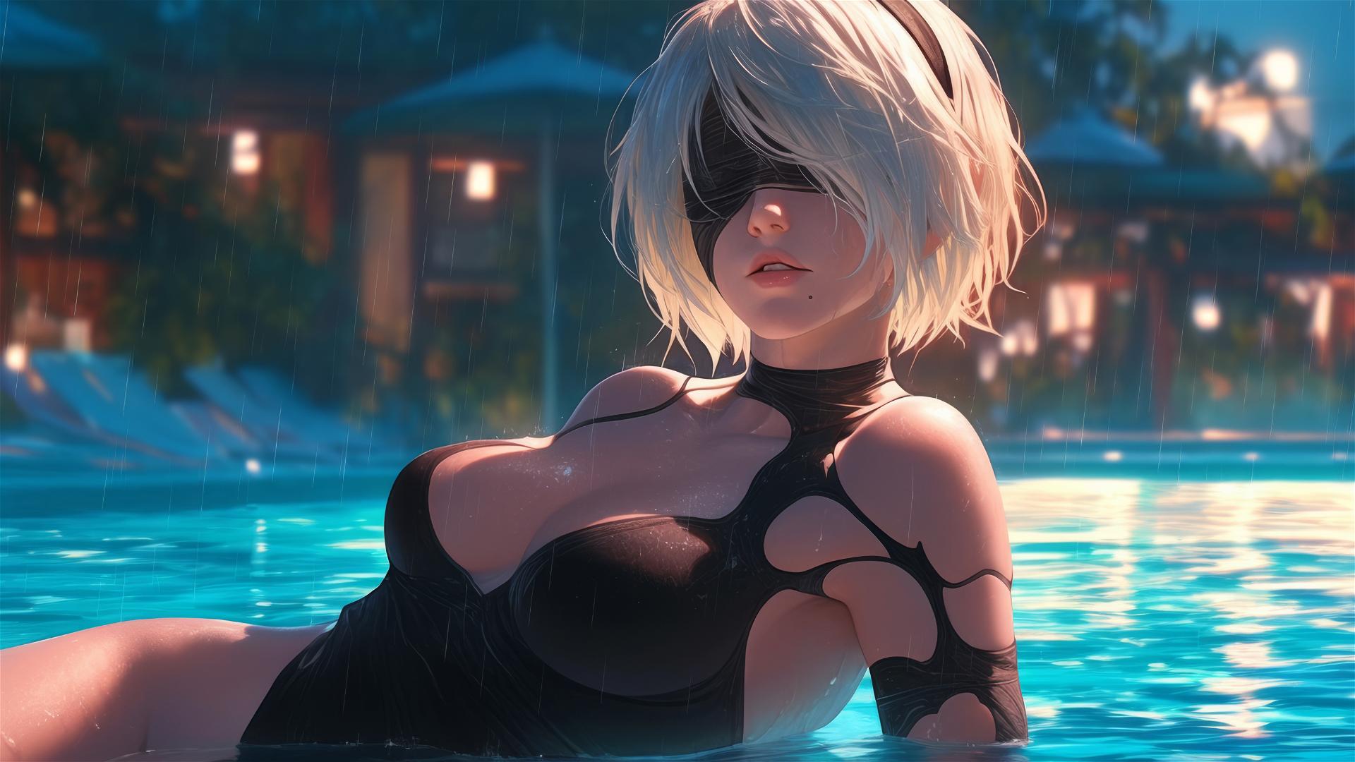 2B from Nier resting by a rainy swimming pool under moonlight.