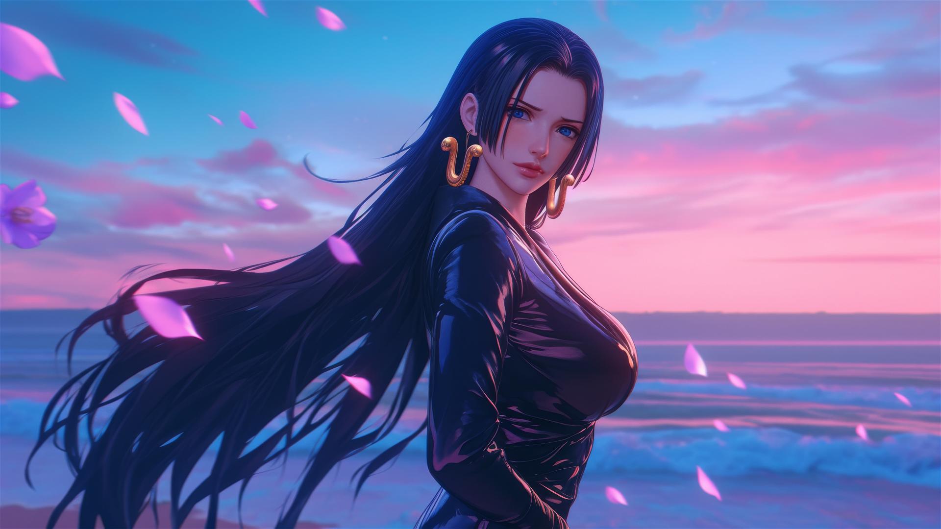 Boa Hancock from One Piece on a beach at sunset, in a black and pink leather outfit, neon pink sky, anime style.