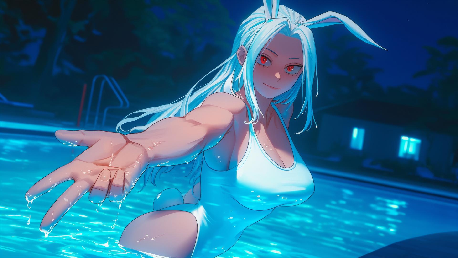 Mirko from My Hero Academia jumping out of swimming pool under moonlight.