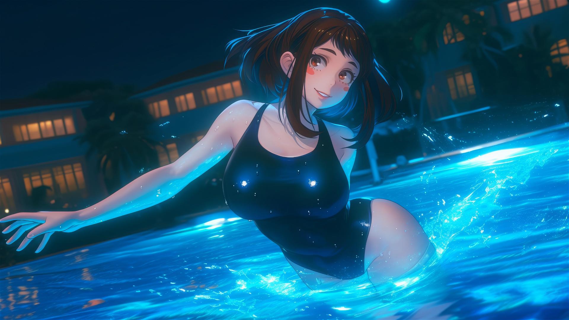 Ochaco Uraraka from My Hero Academia jumping out of a swimming pool under moonlight